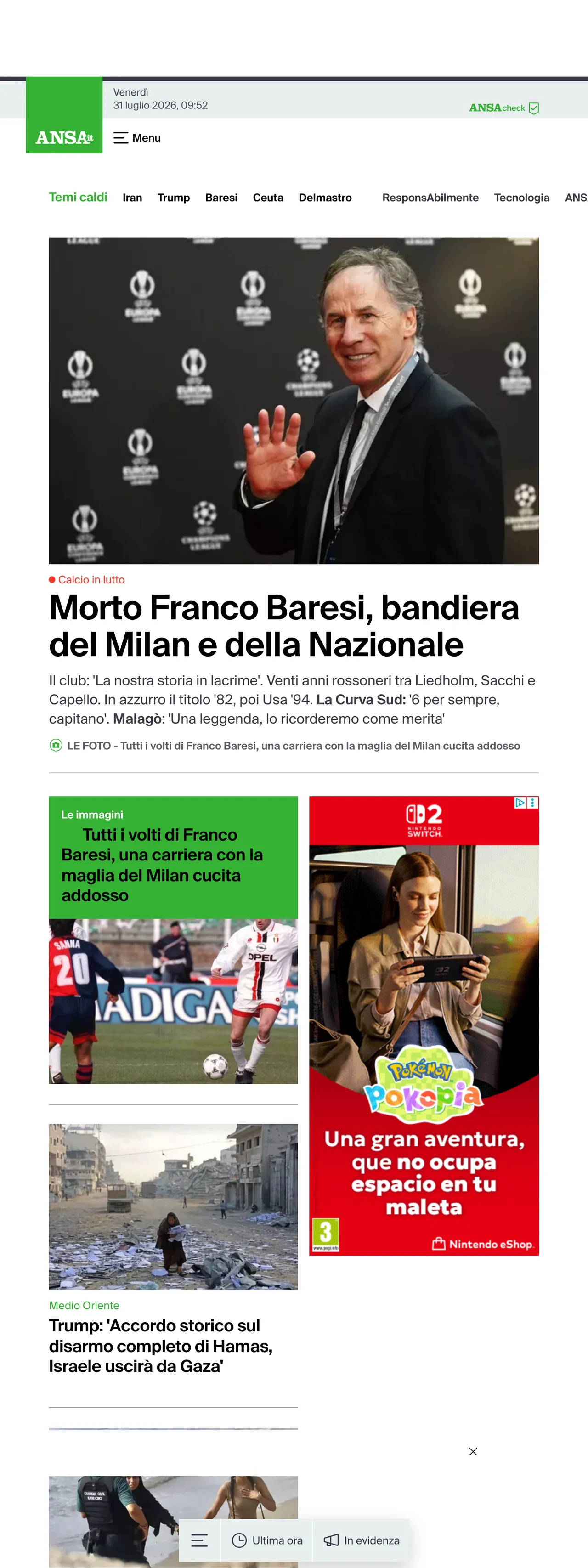 Screenshot of the ANSA front page