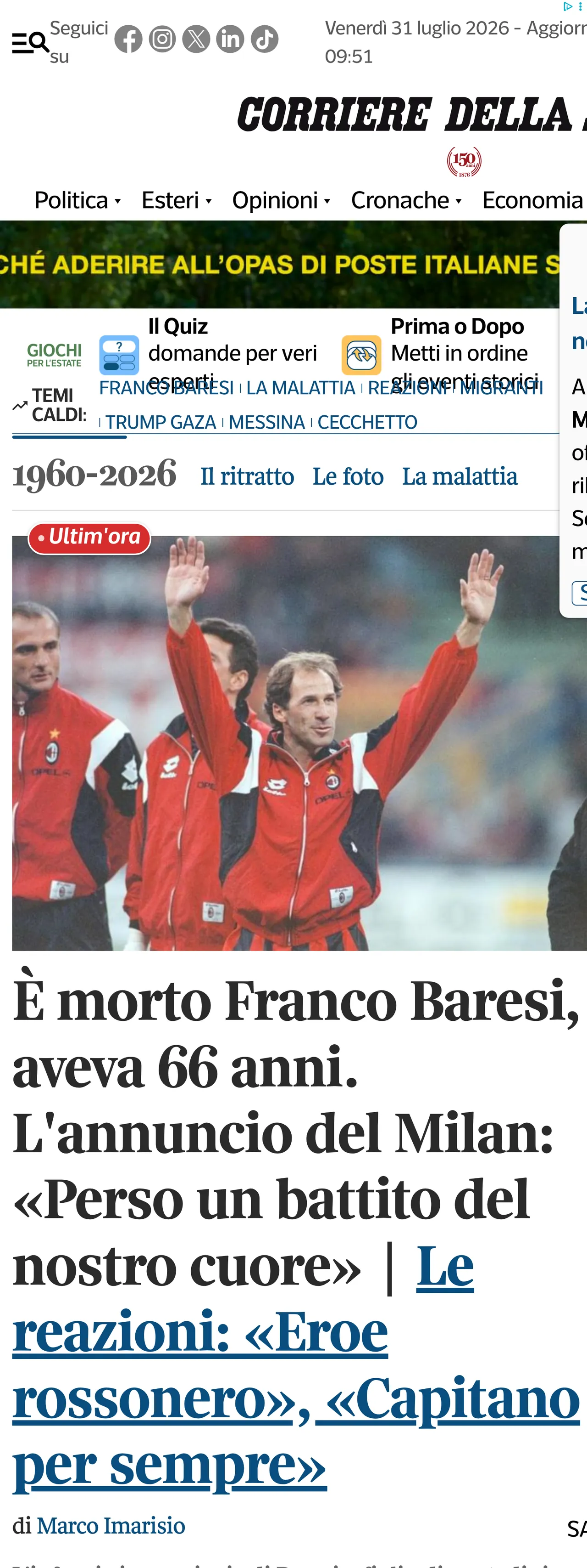Screenshot of the Corriere della Sera front page