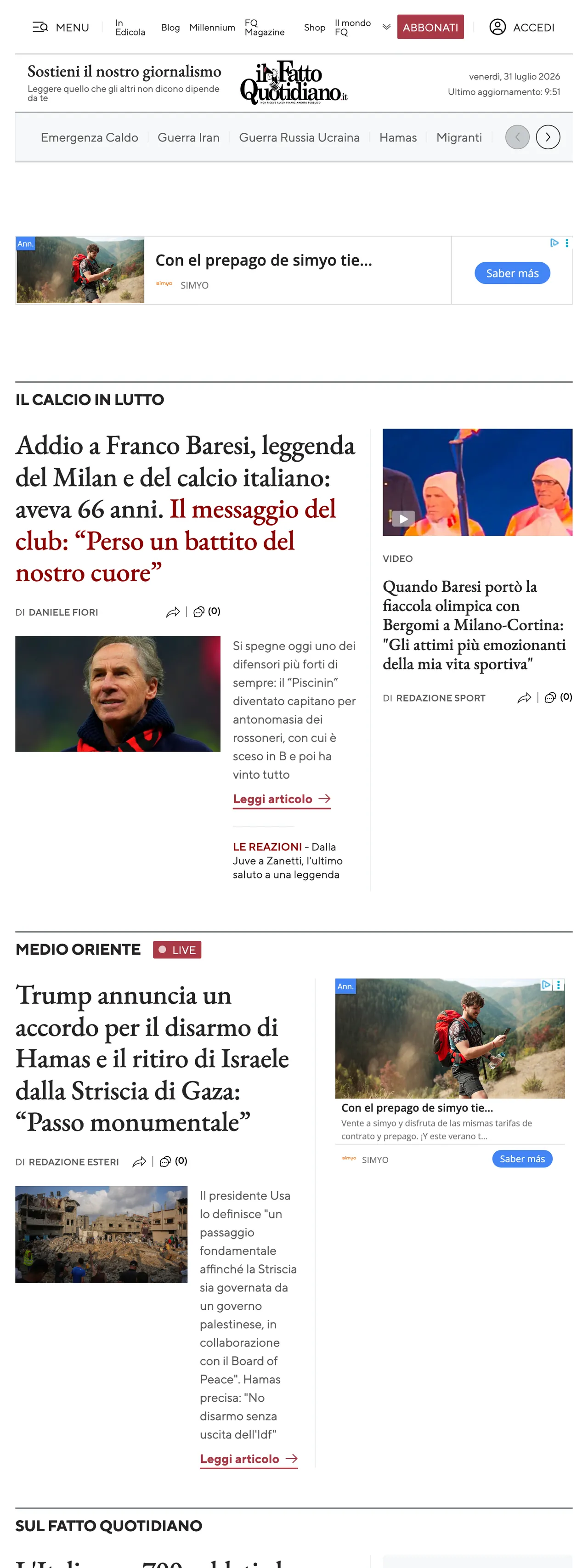 Screenshot of the Il Fatto Quotidiano front page