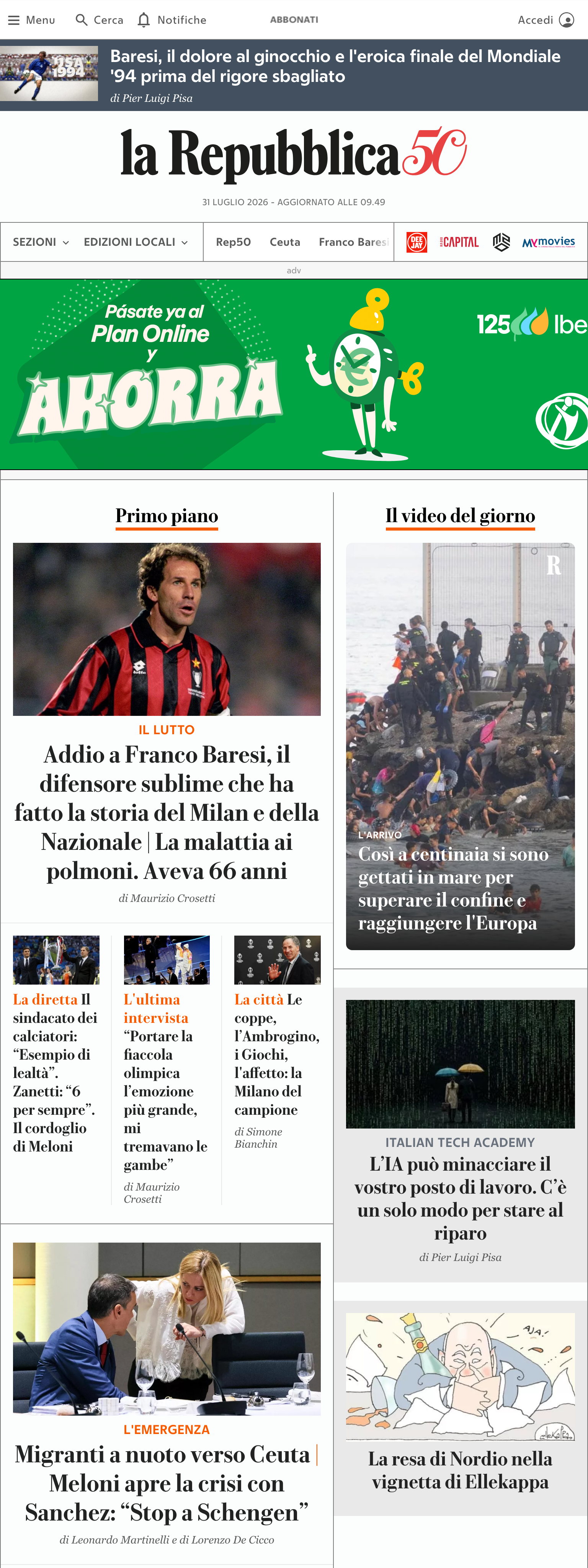 Screenshot of the la Repubblica front page