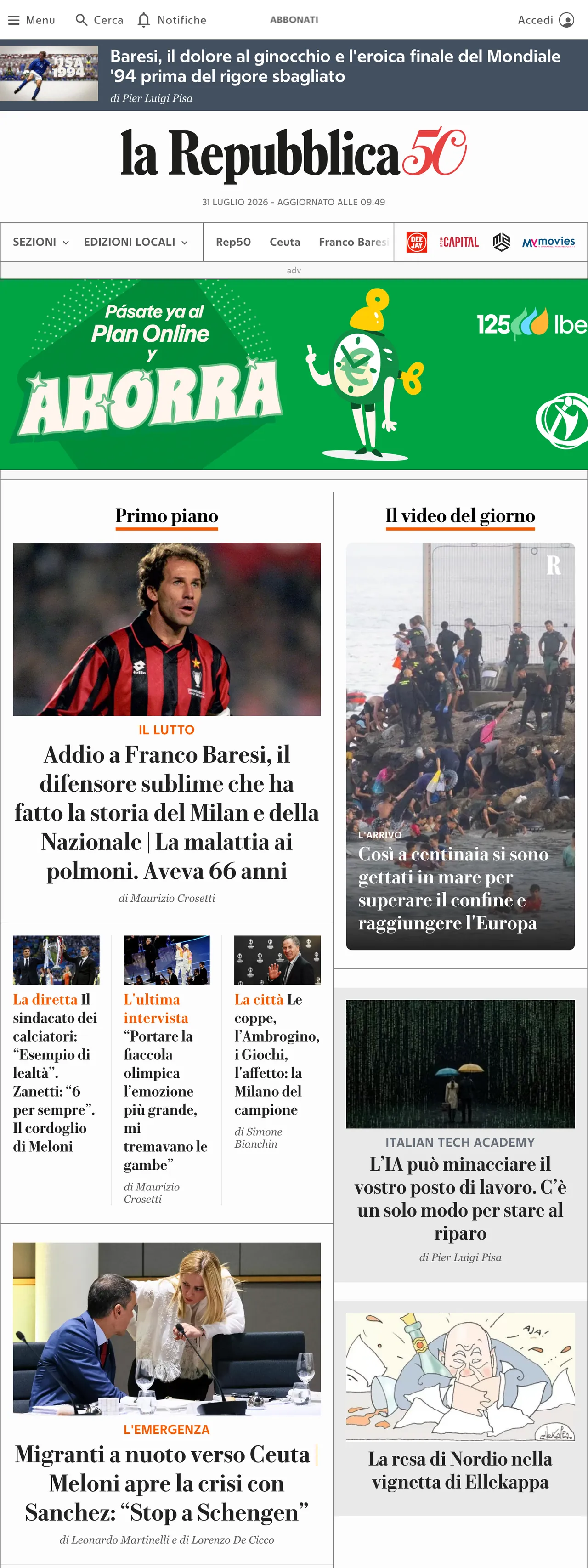 Screenshot of the la Repubblica front page