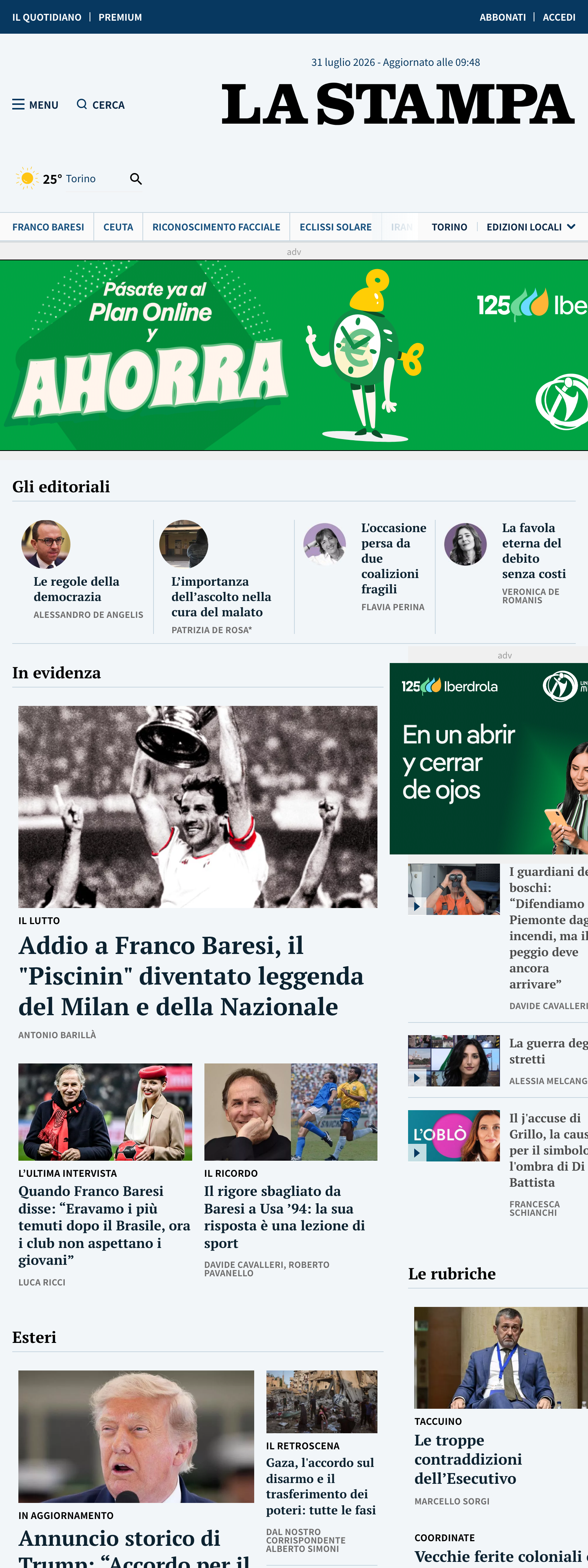 Screenshot of the La Stampa front page