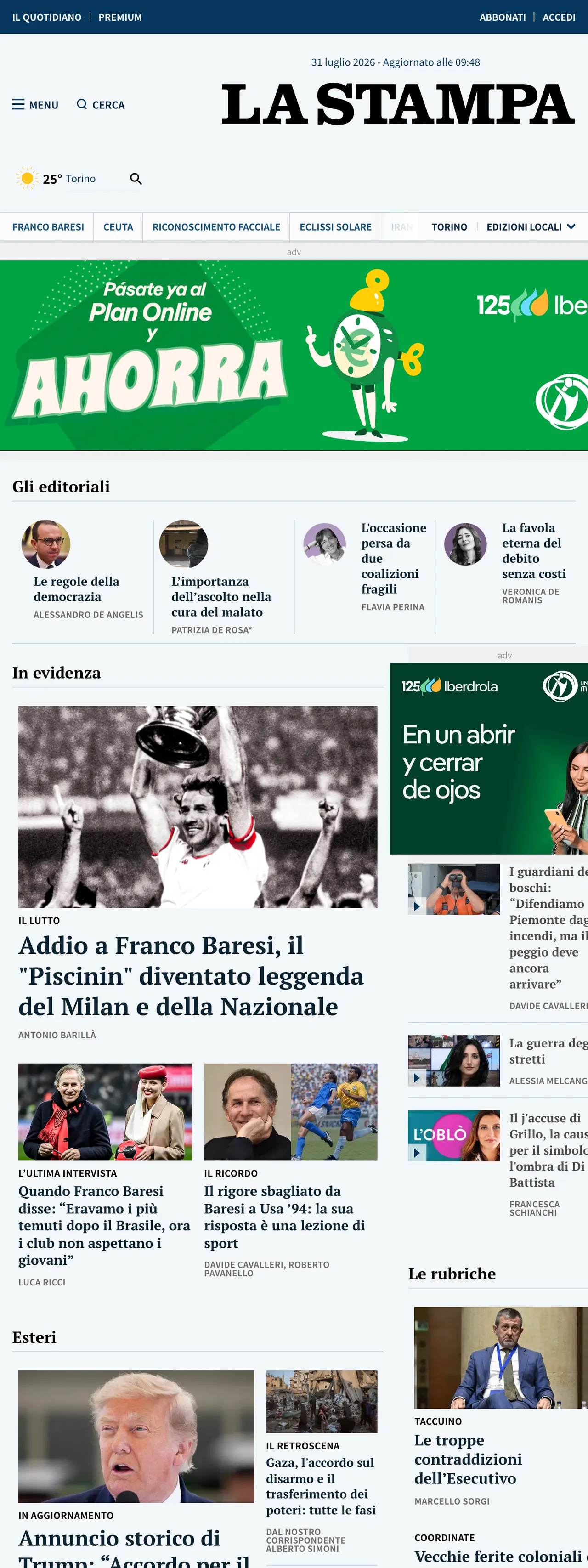 Screenshot of the La Stampa front page