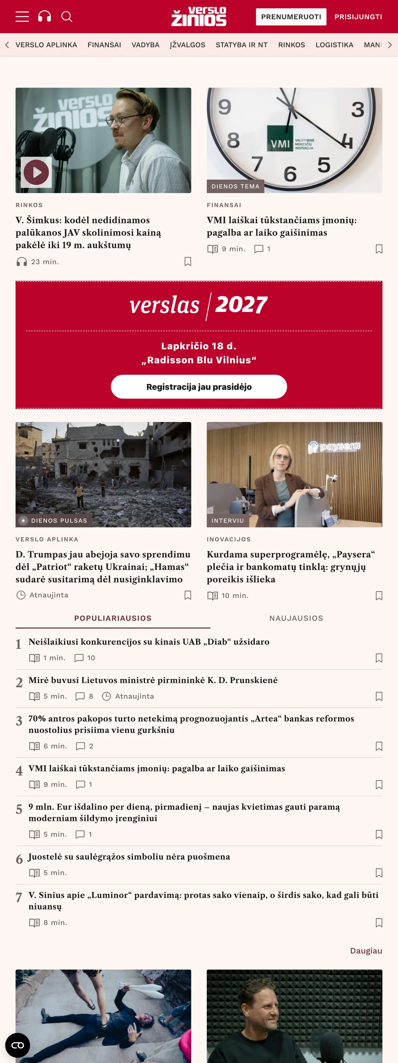 Screenshot of the Verslo žinios front page