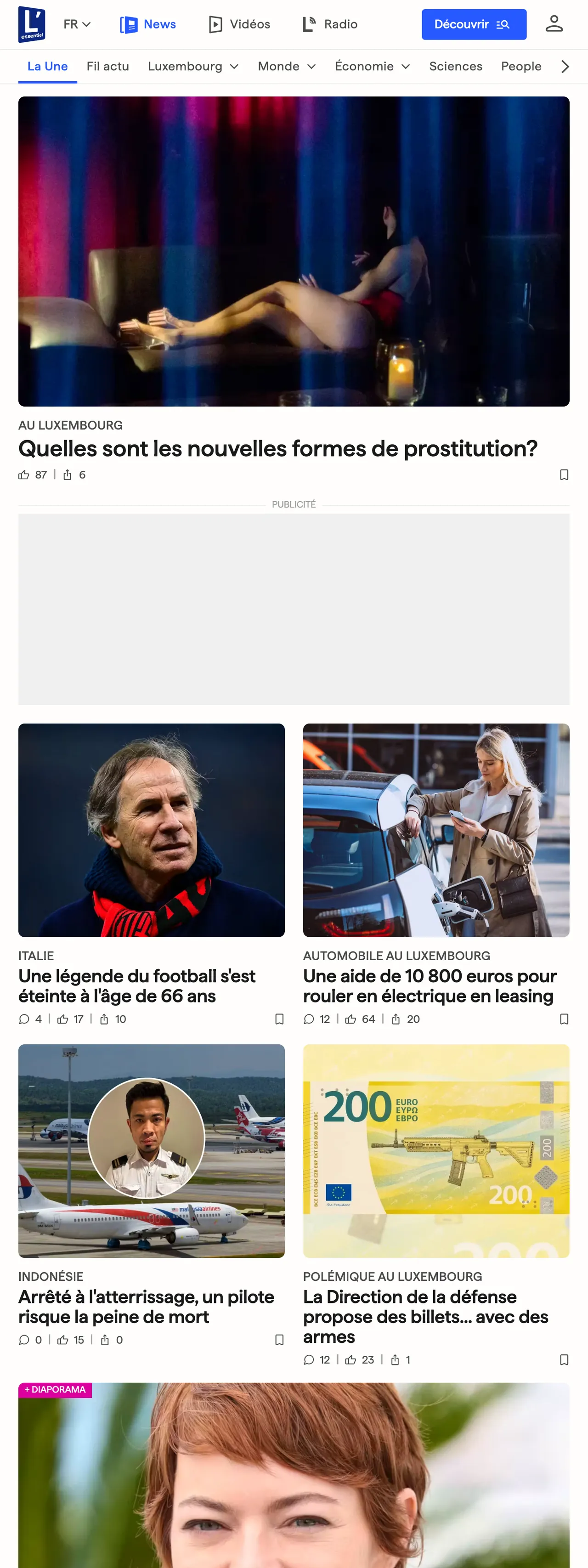 Screenshot of the L'essentiel front page