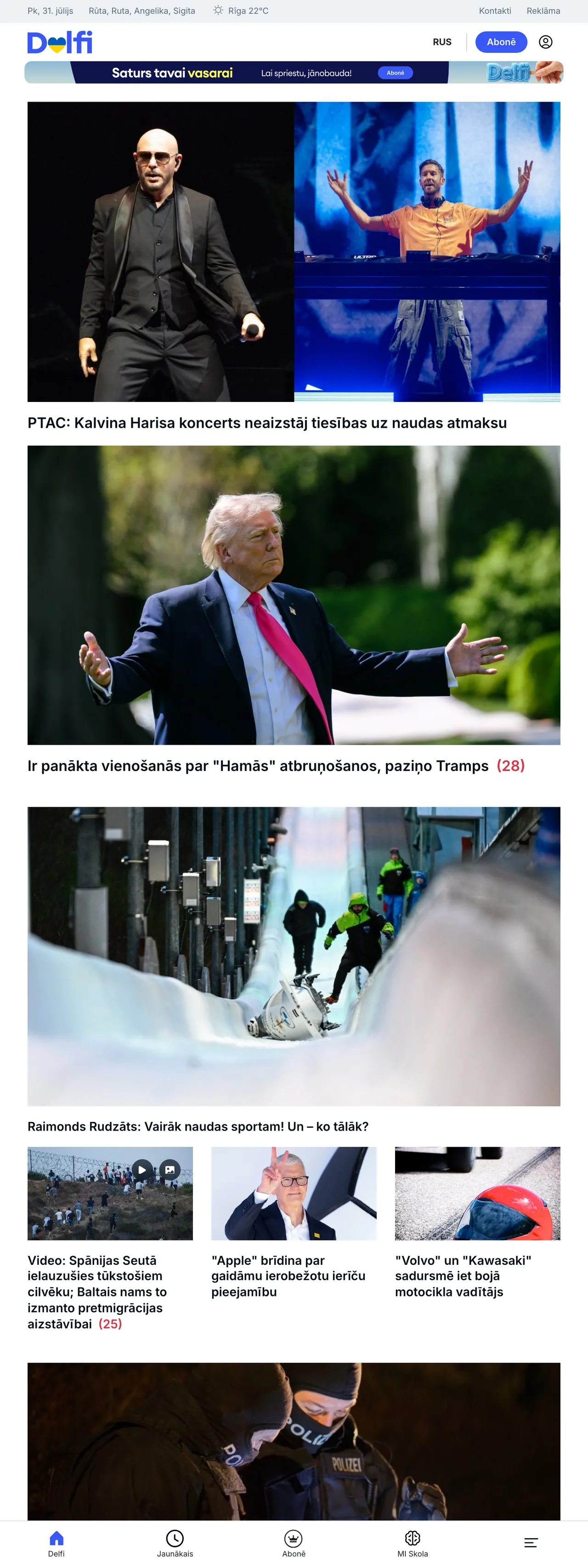 Screenshot of the Delfi front page