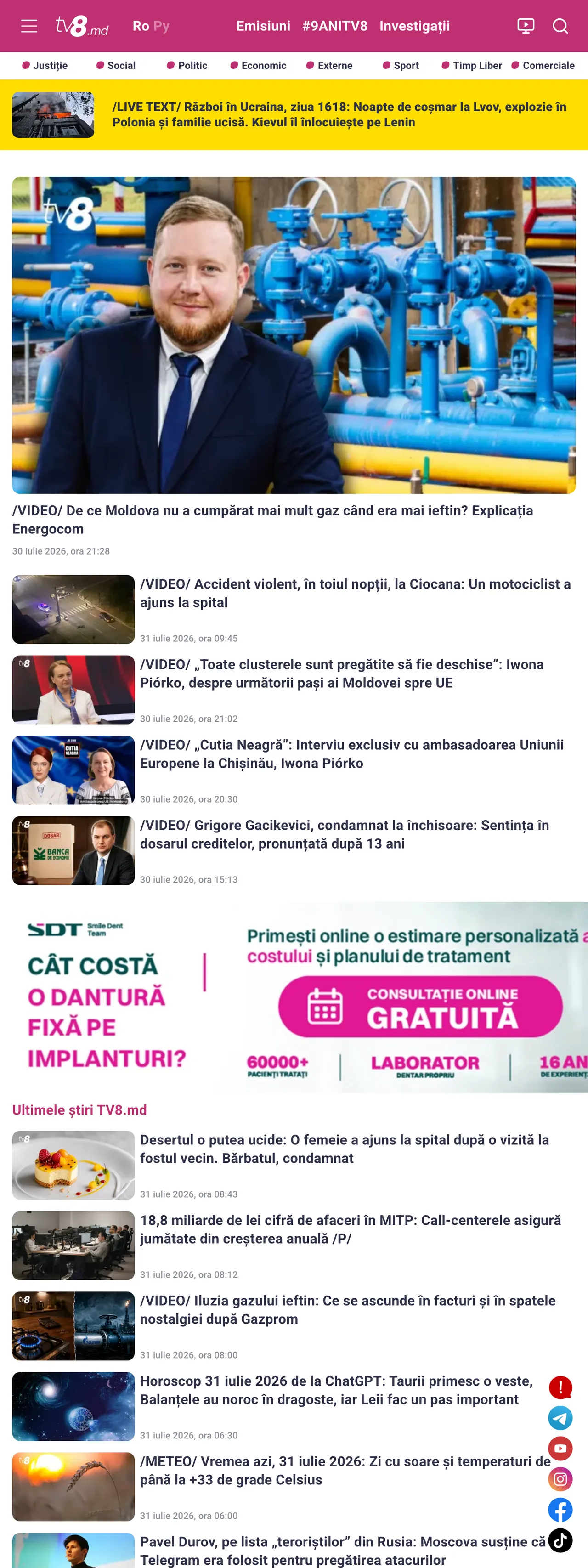 Screenshot of the TV8 front page