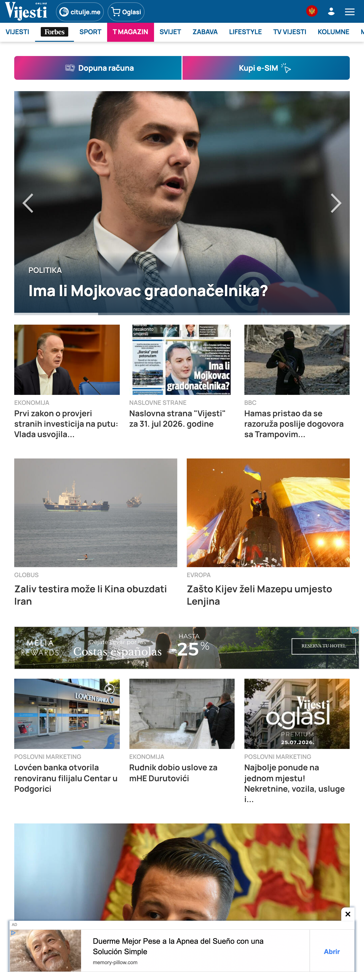Screenshot of the Vijesti front page