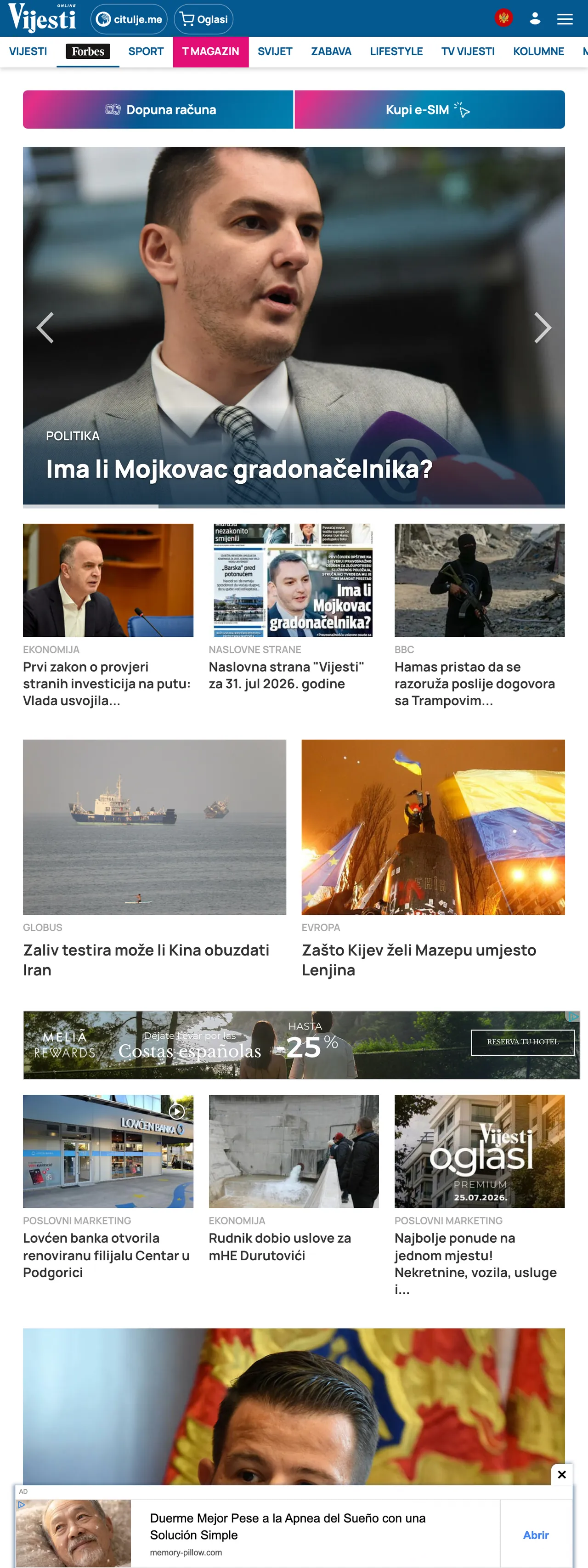 Screenshot of the Vijesti front page