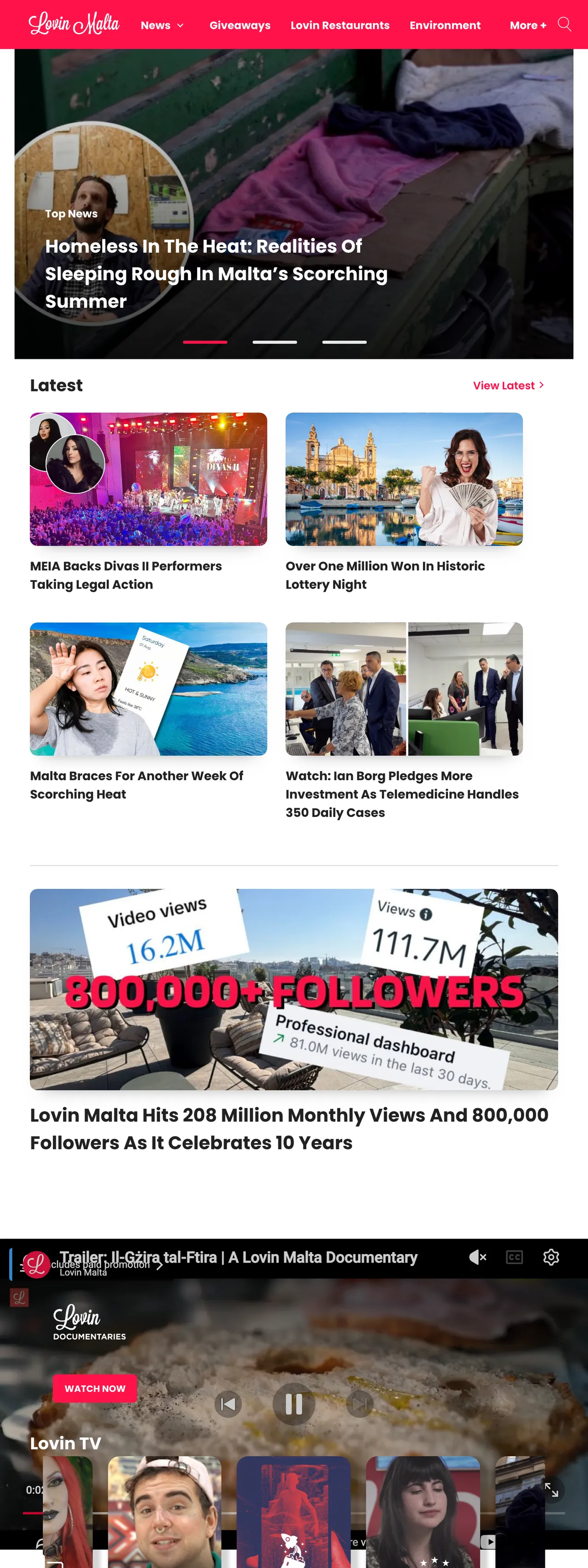 Screenshot of the Lovin Malta front page