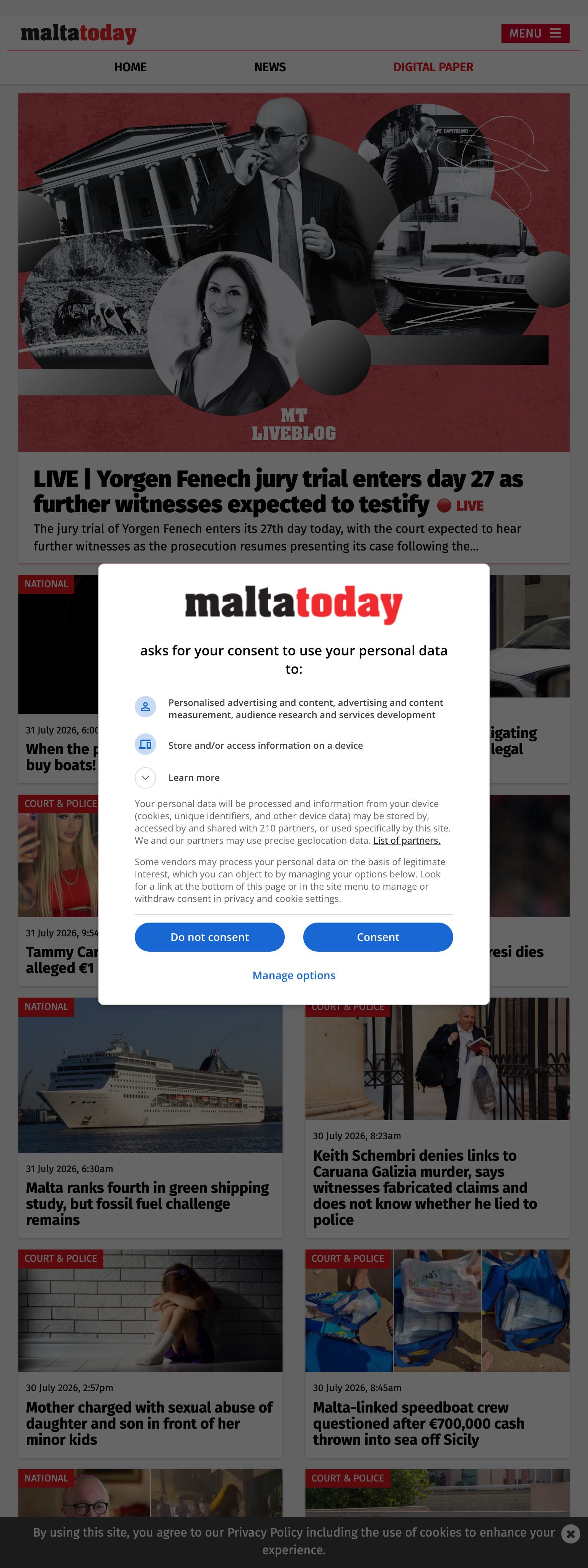 Screenshot of the Malta Today front page