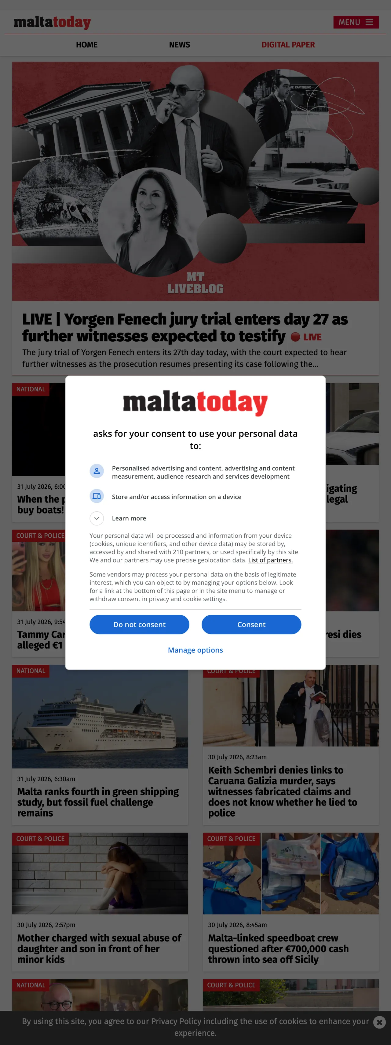 Screenshot of the Malta Today front page