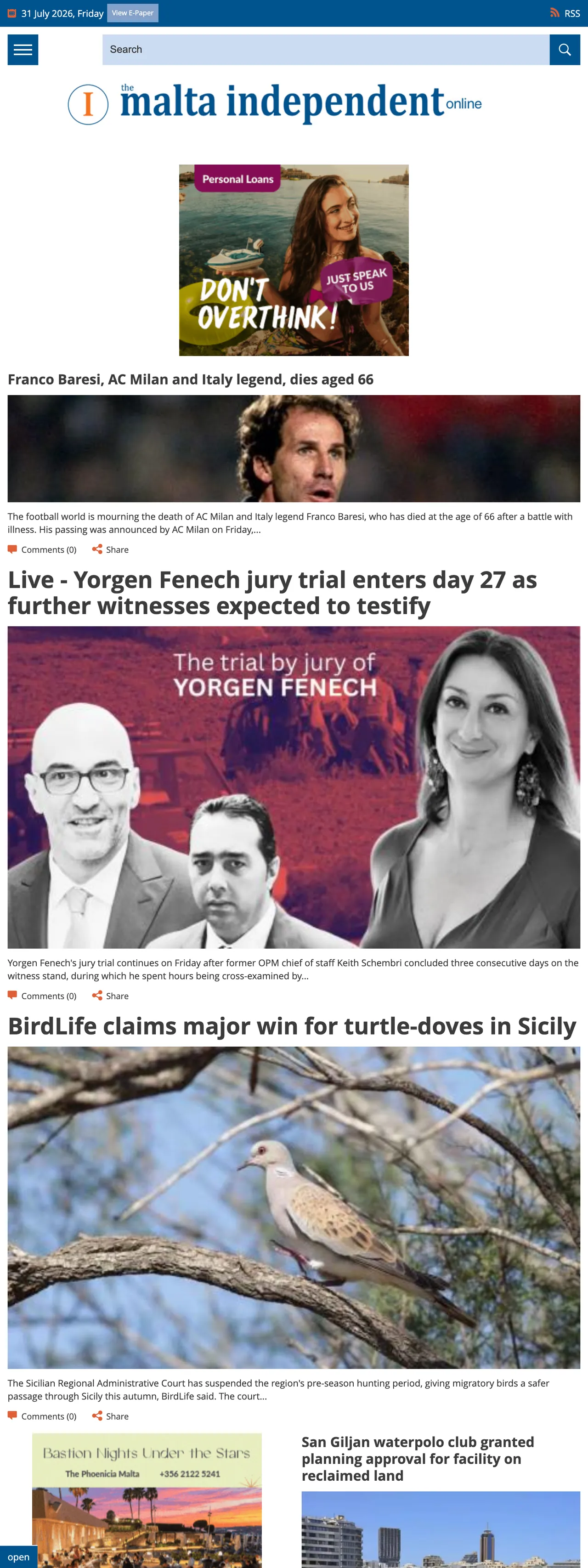 Screenshot of the The Malta Independent front page