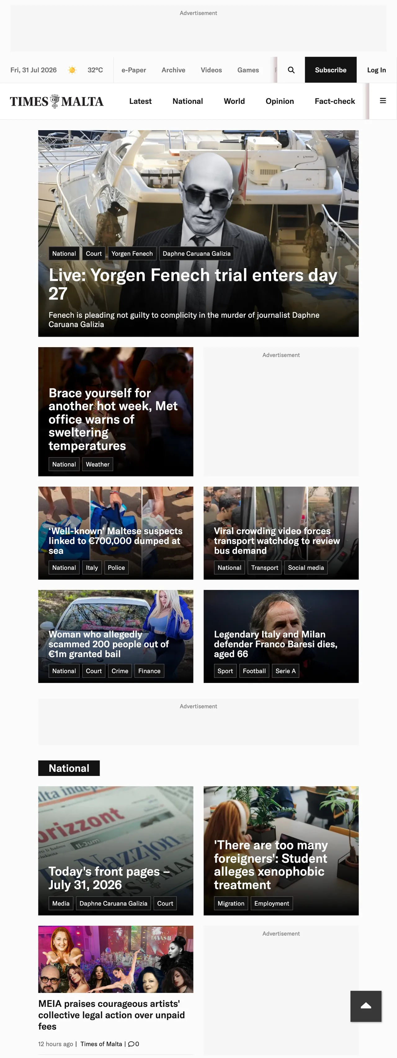 Screenshot of the Times of Malta front page