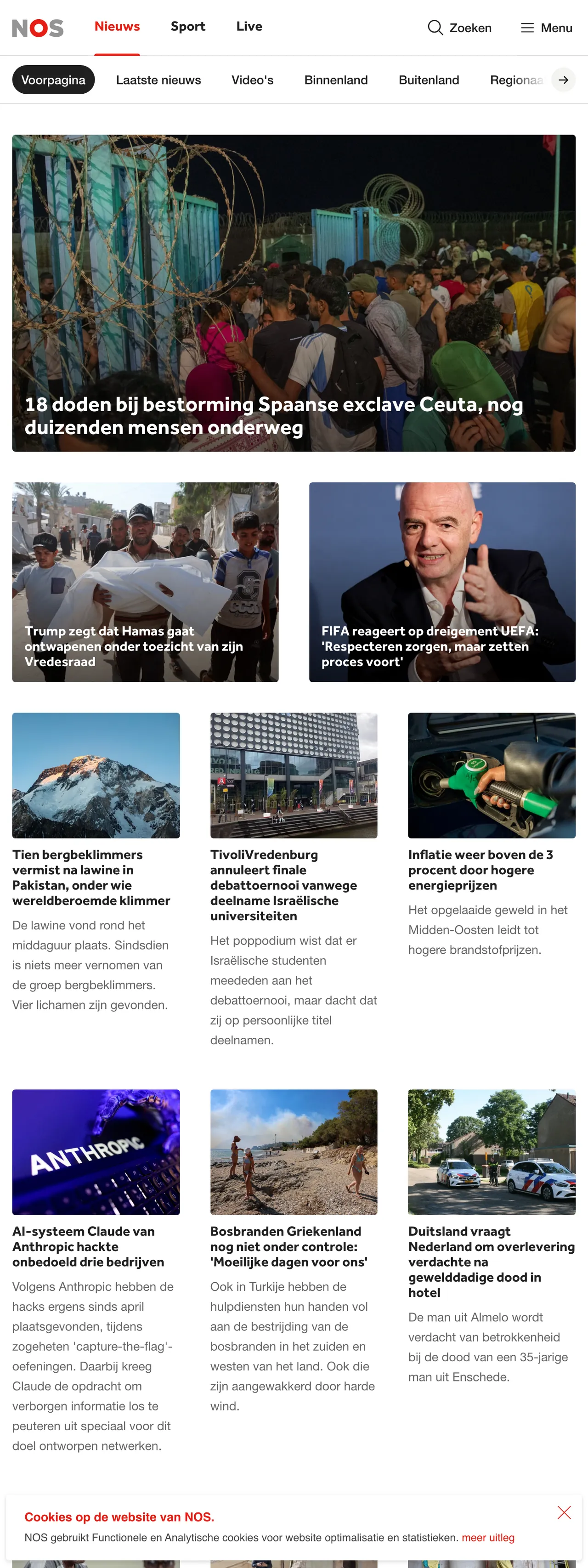 Screenshot of the NOS front page