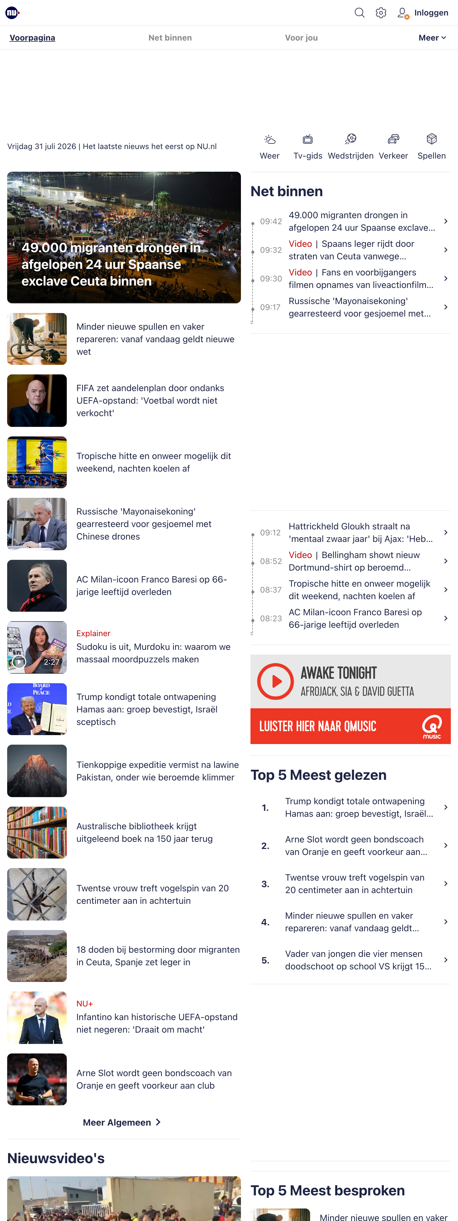 Screenshot of the NU.nl front page