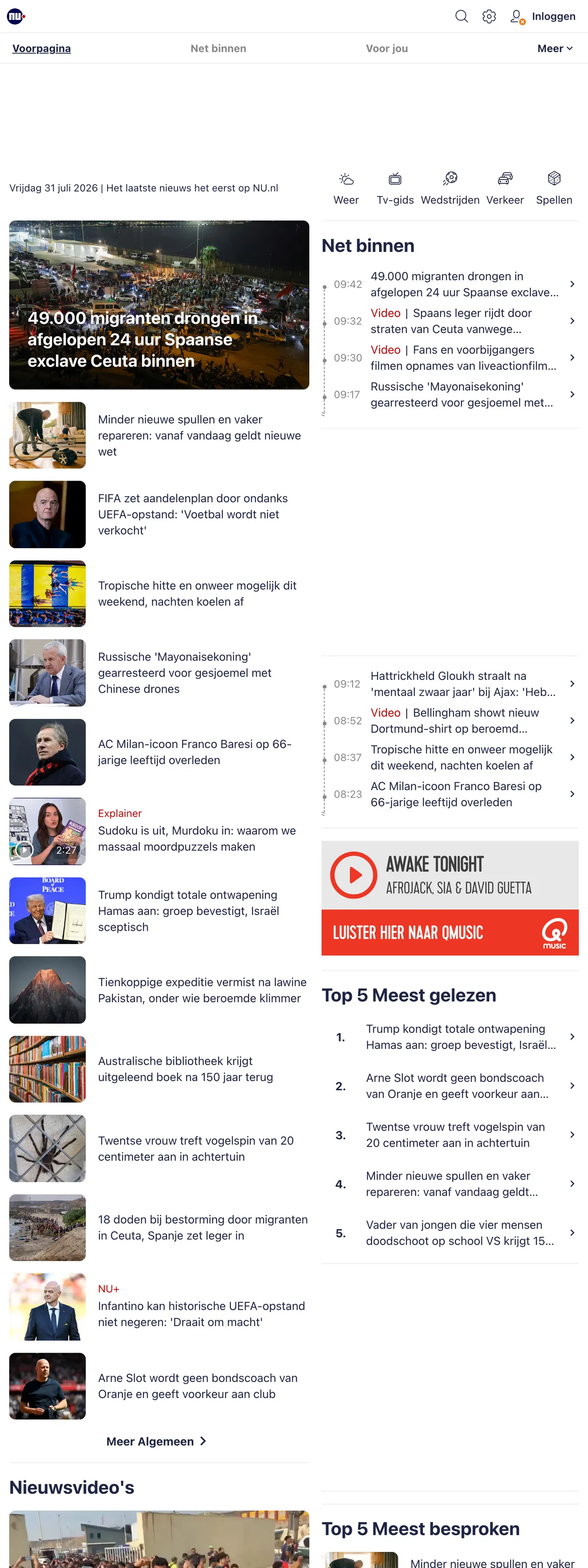 Screenshot of the NU.nl front page