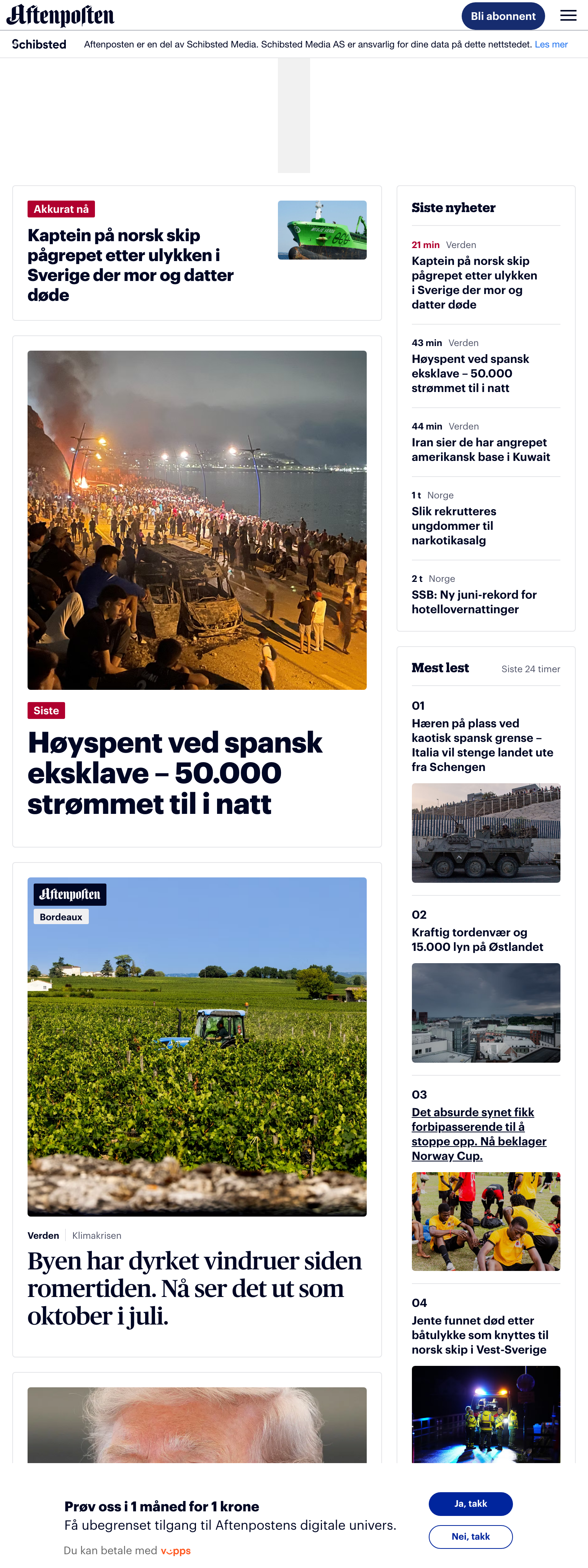 Screenshot of the Aftenposten front page