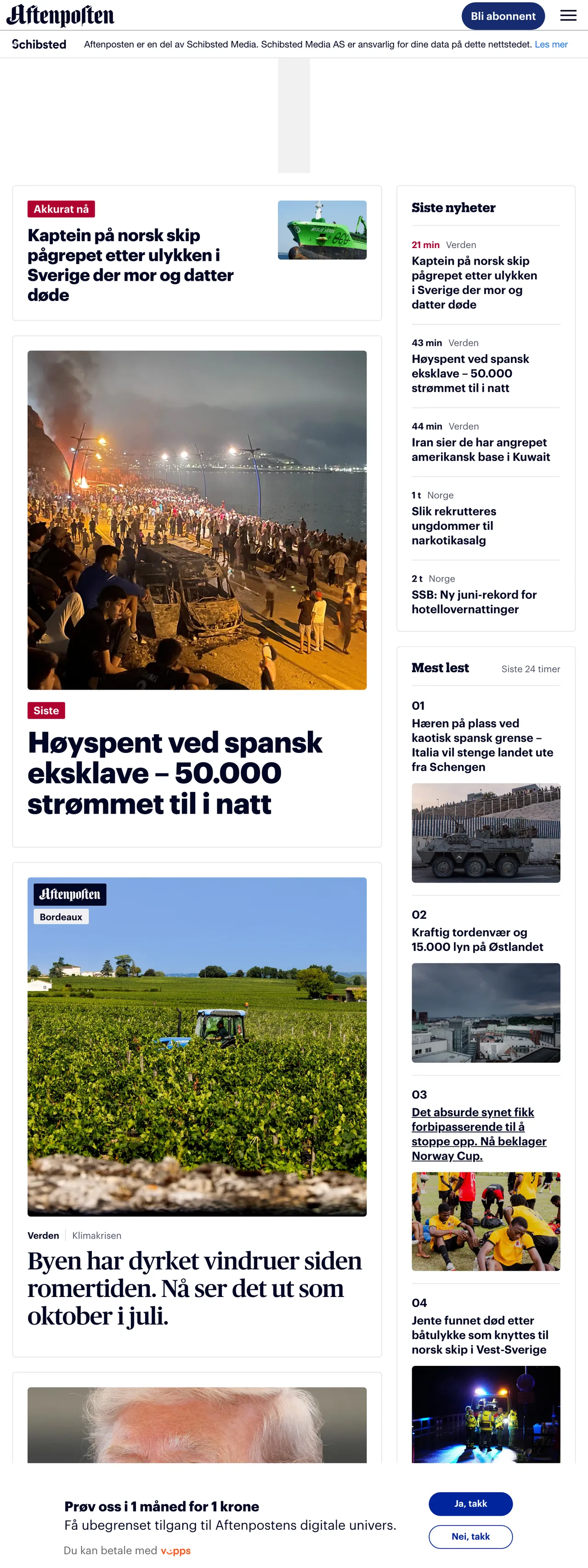 Screenshot of the Aftenposten front page
