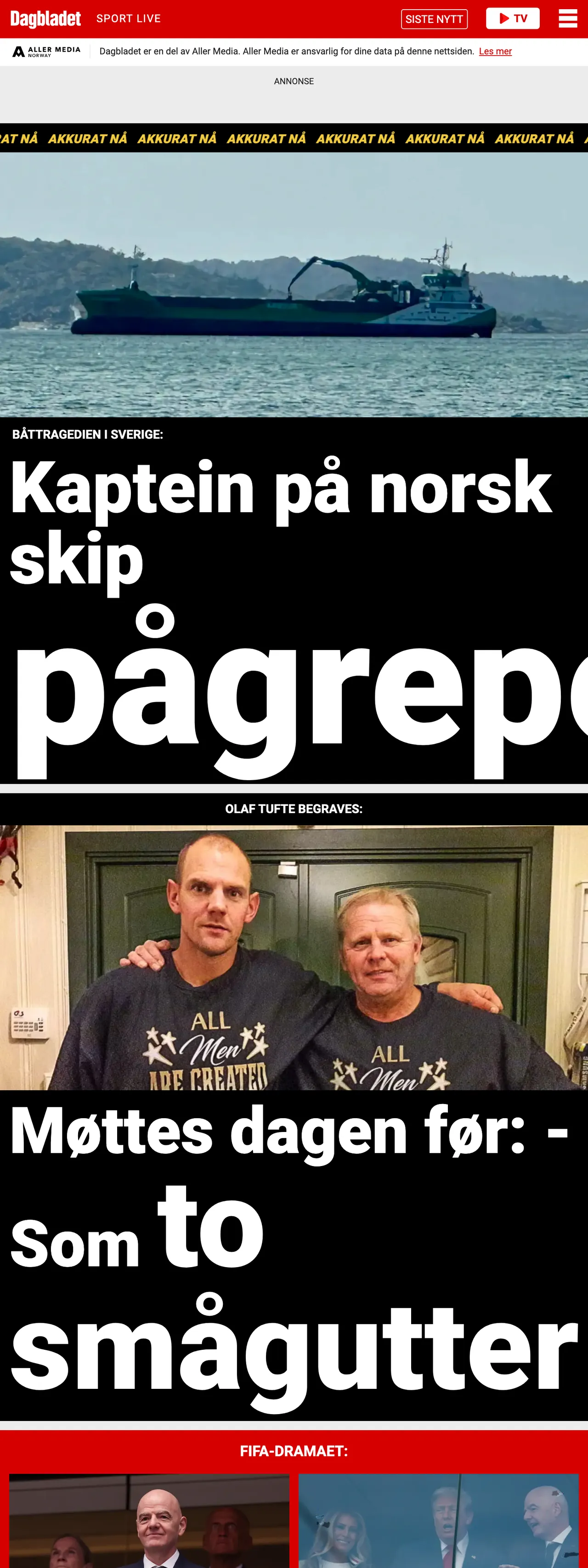 Screenshot of the Dagbladet front page