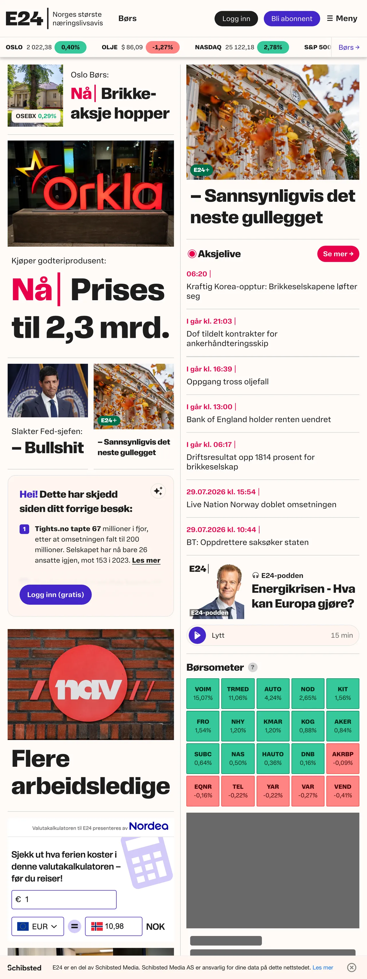 Screenshot of the E24 front page