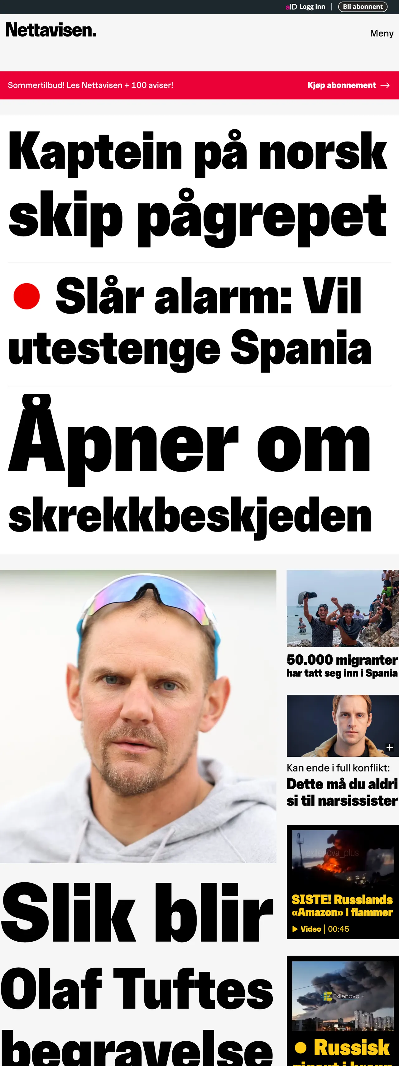 Screenshot of the Nettavisen front page