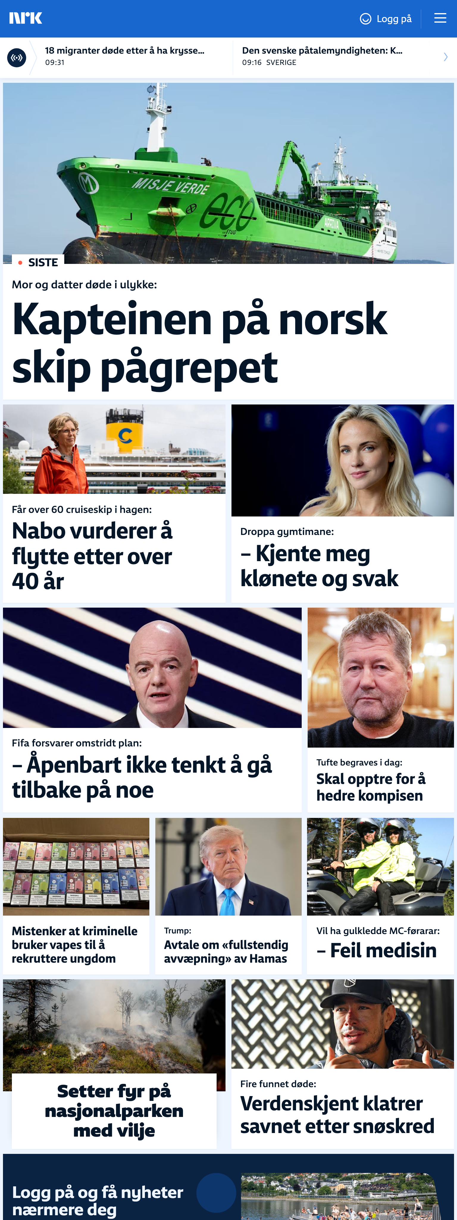 Screenshot of the NRK front page