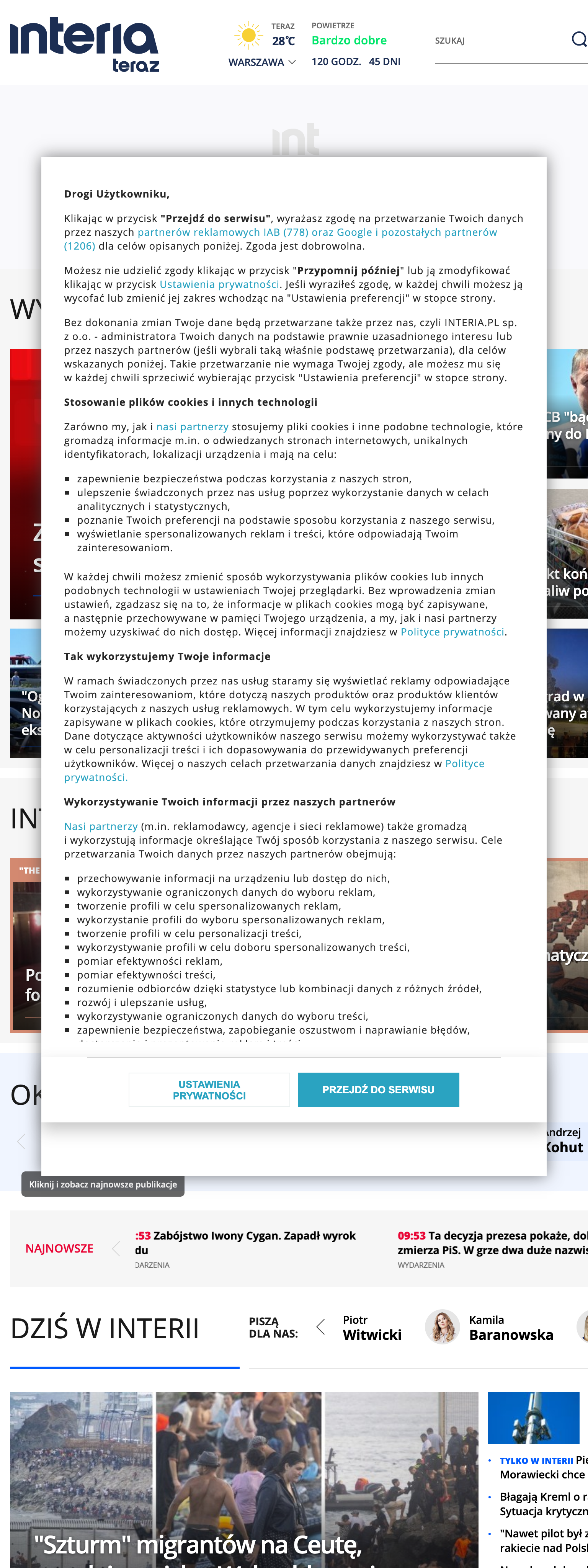 Screenshot of the Interia front page