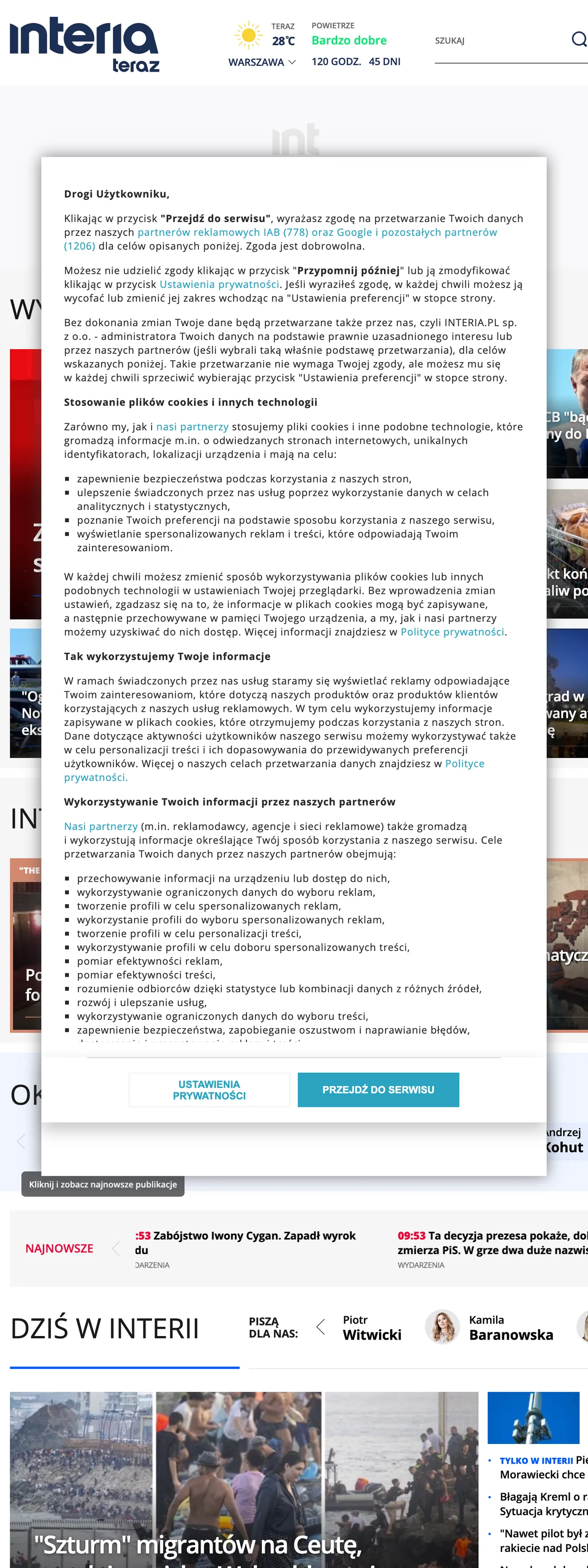 Screenshot of the Interia front page
