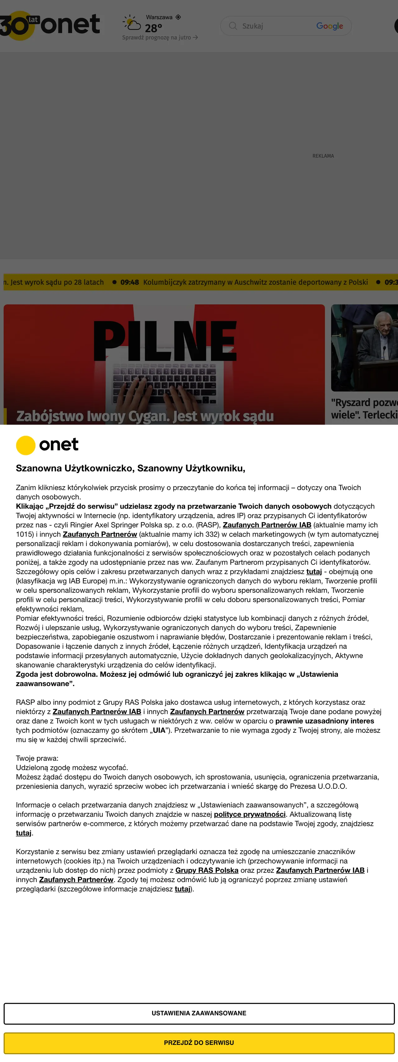 Screenshot of the Onet front page