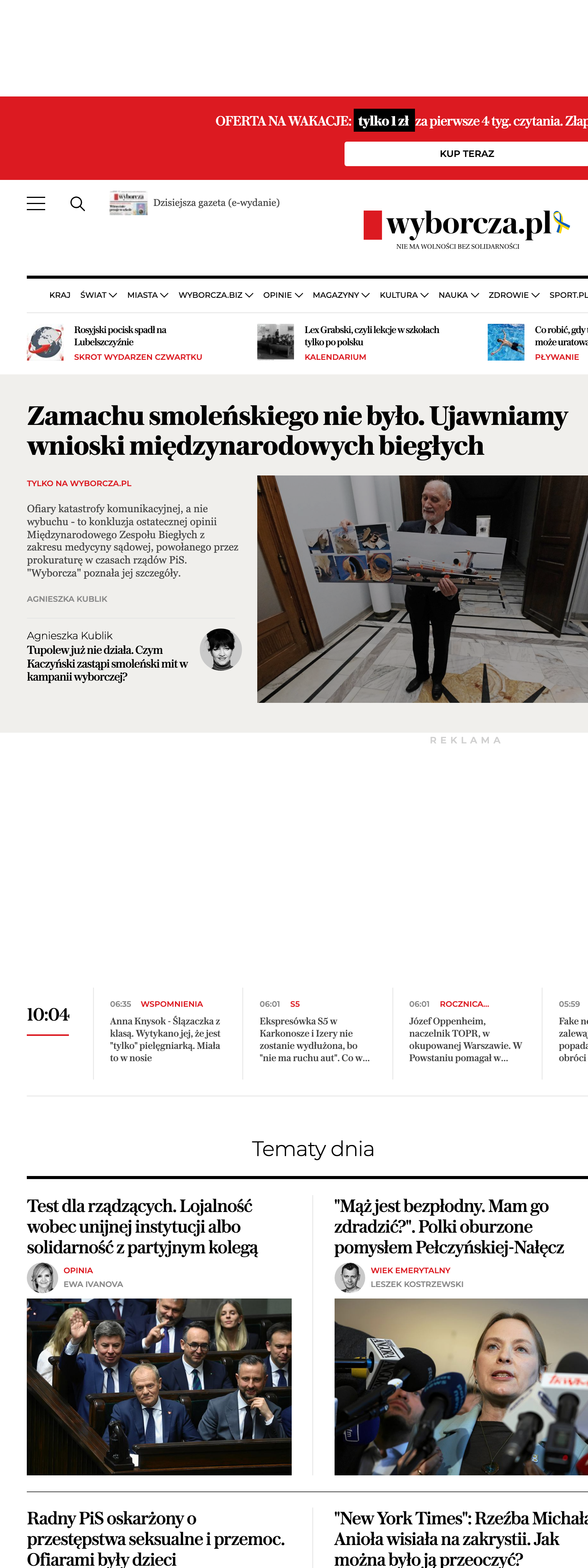 Screenshot of the Wyborcza front page