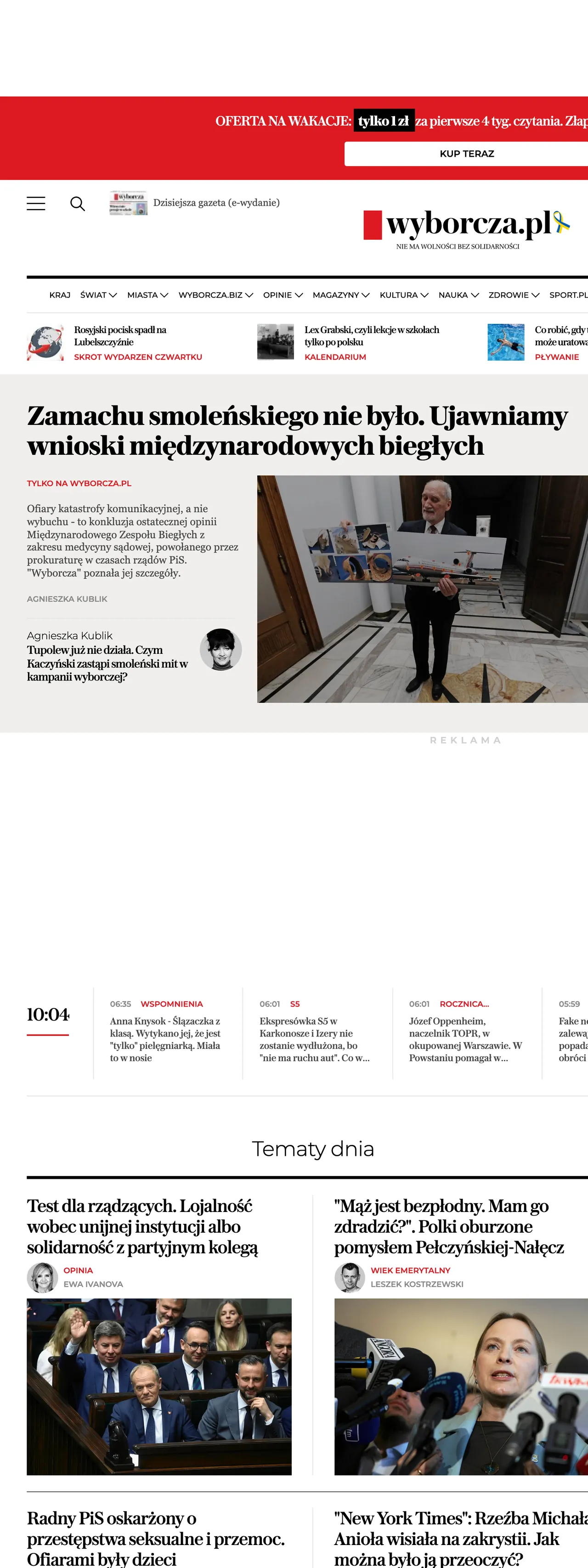 Screenshot of the Wyborcza front page