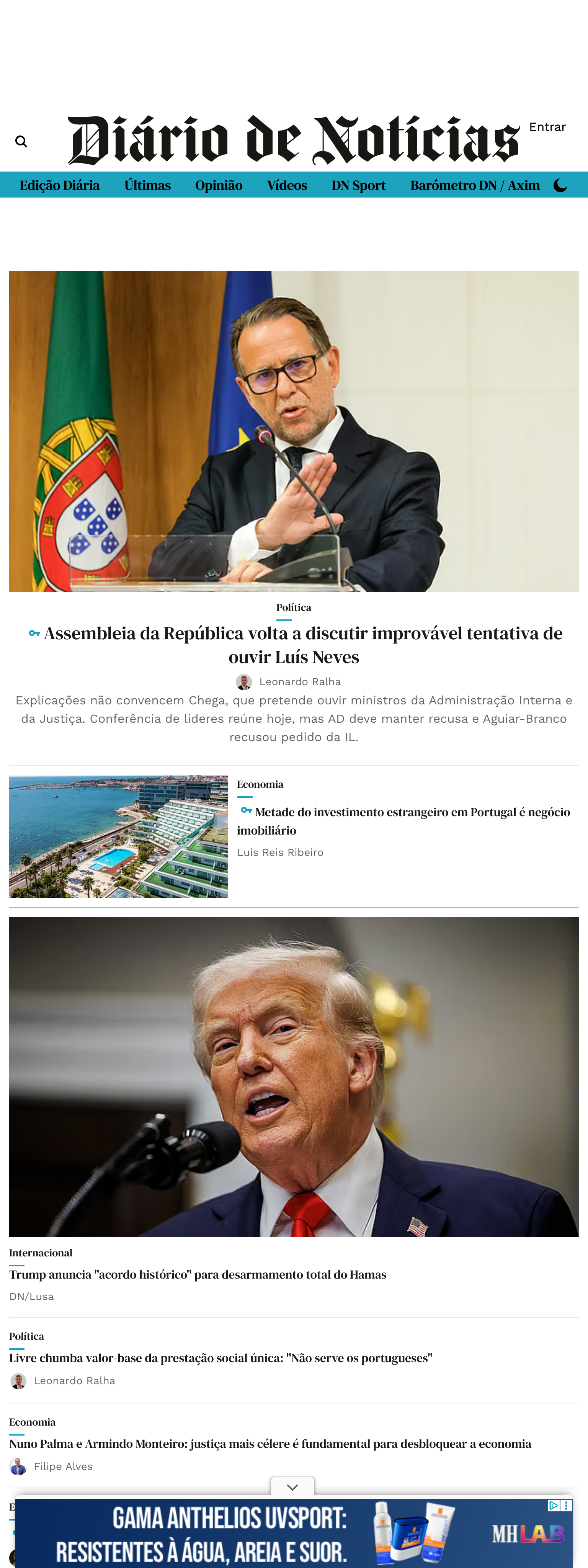 Screenshot of the Diário de Notícias front page