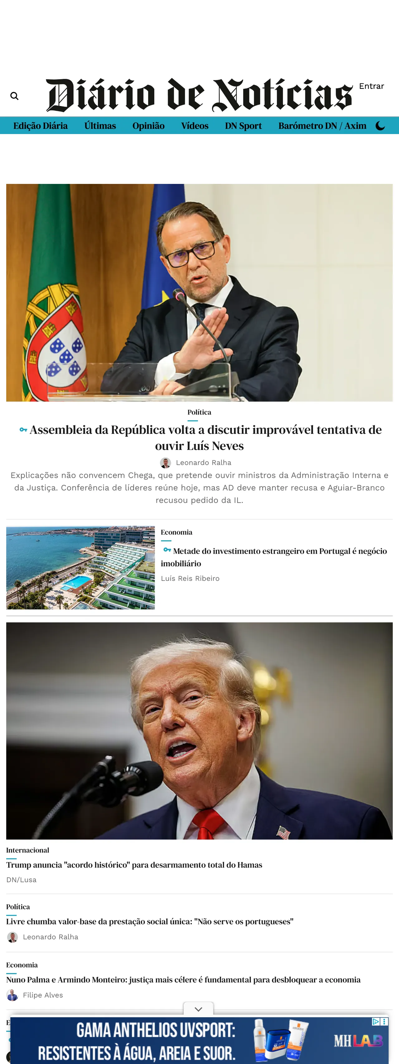 Screenshot of the Diário de Notícias front page
