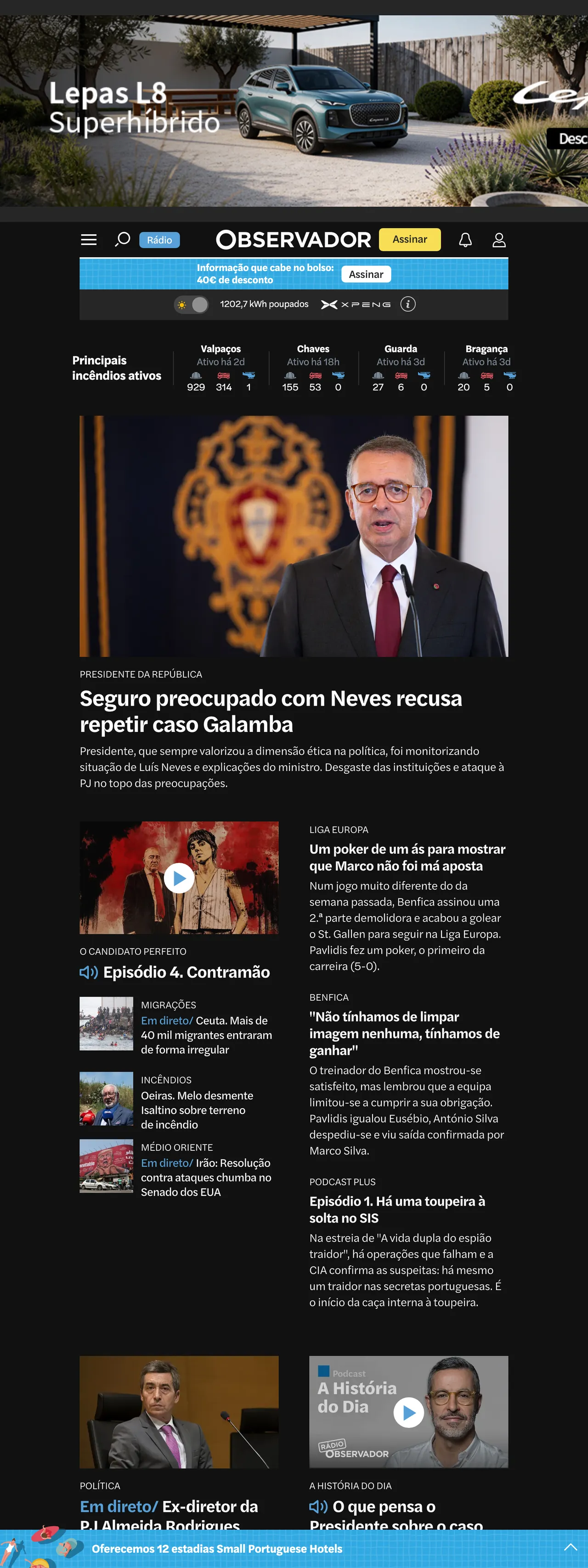 Screenshot of the Observador front page