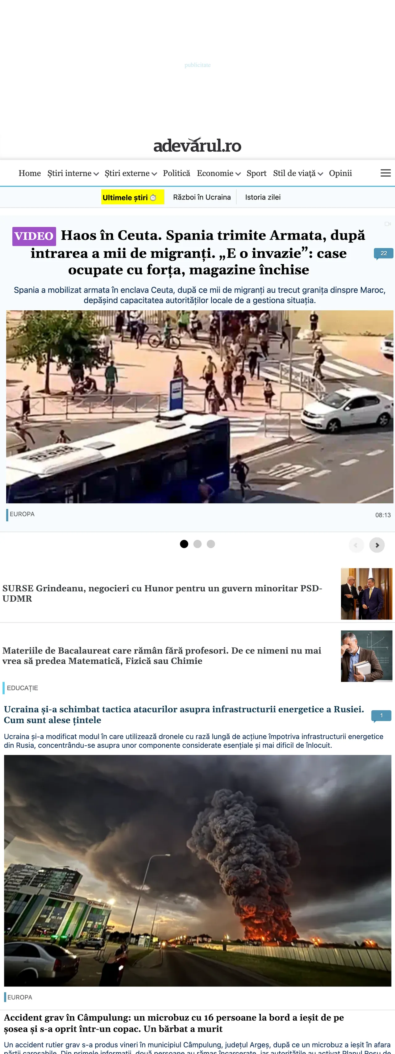 Screenshot of the Adevărul front page