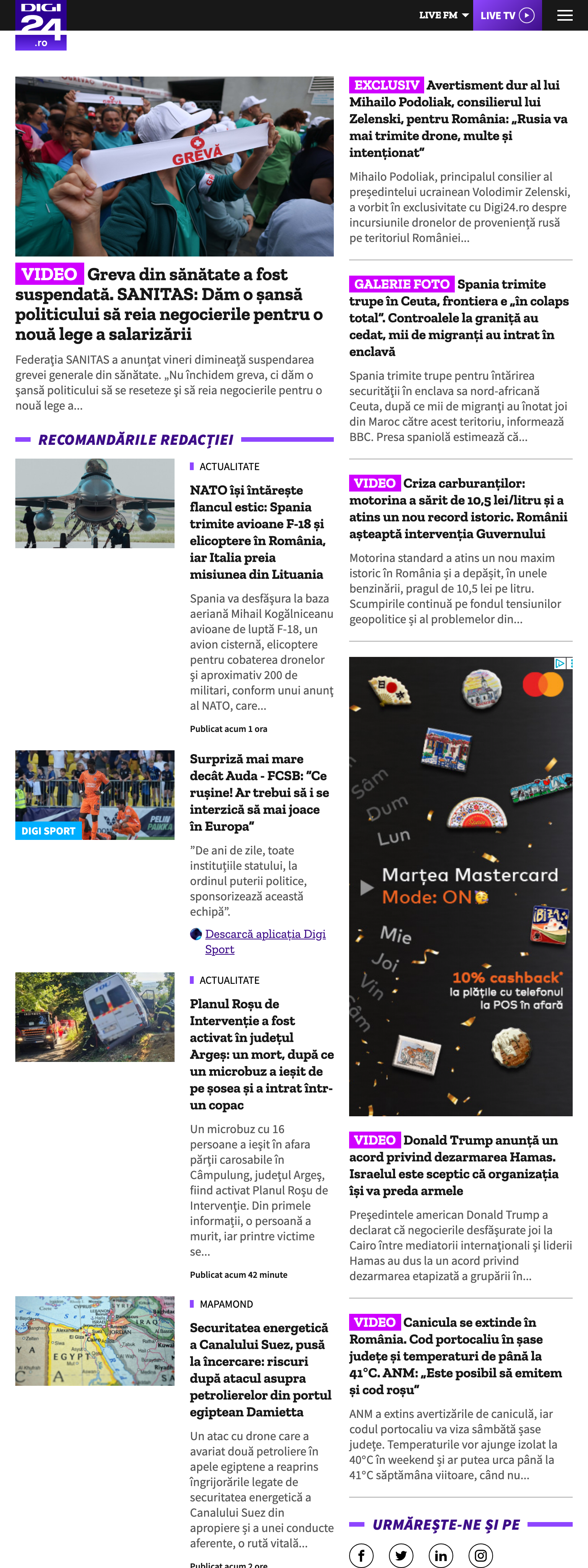 Screenshot of the Digi24 front page