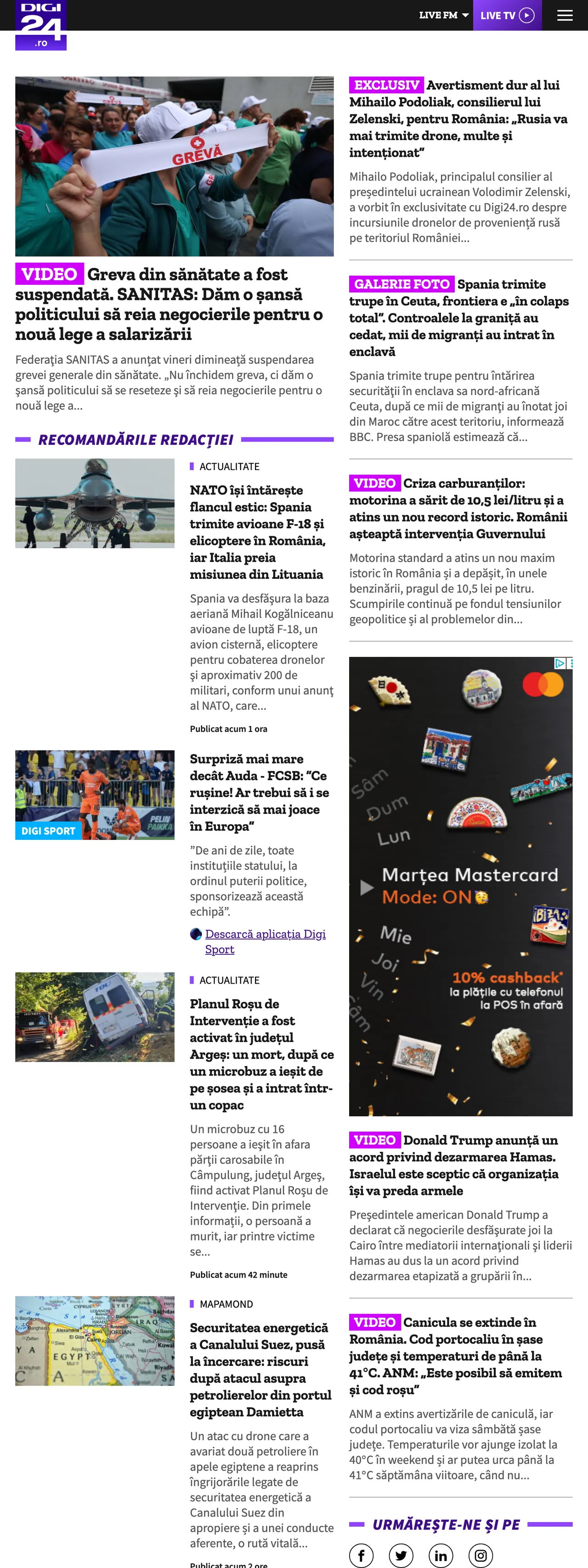 Screenshot of the Digi24 front page