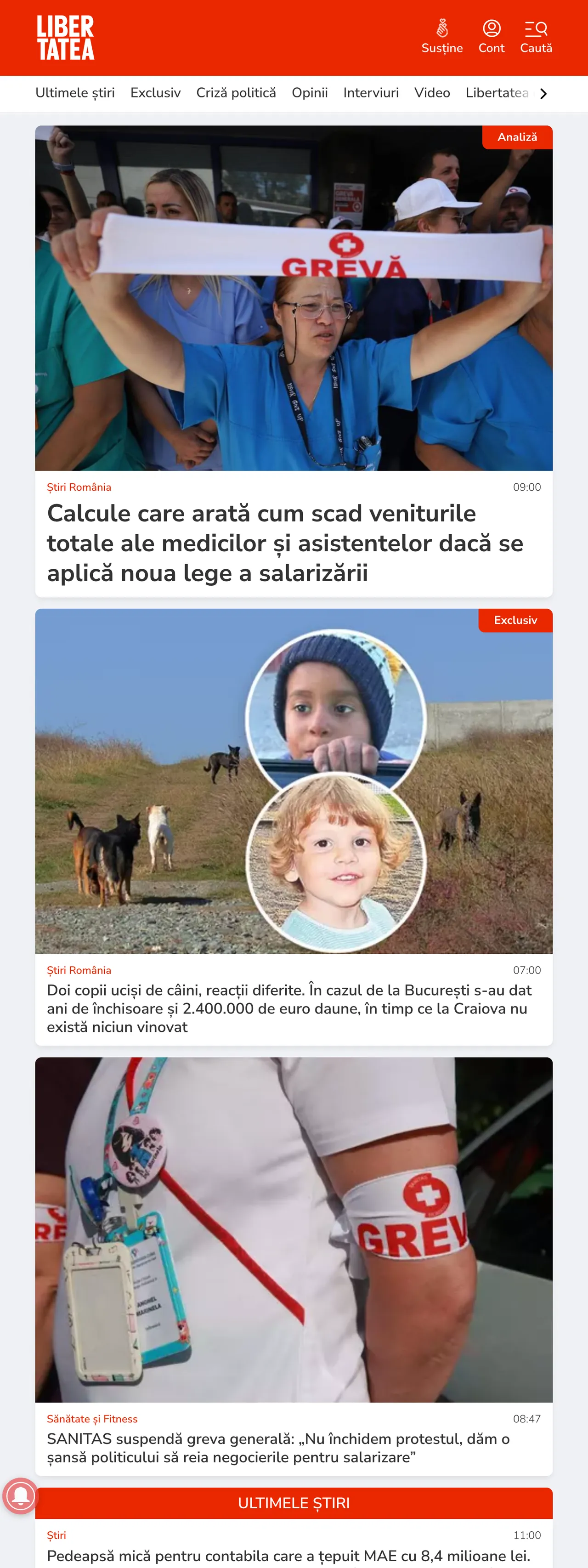 Screenshot of the Libertatea front page