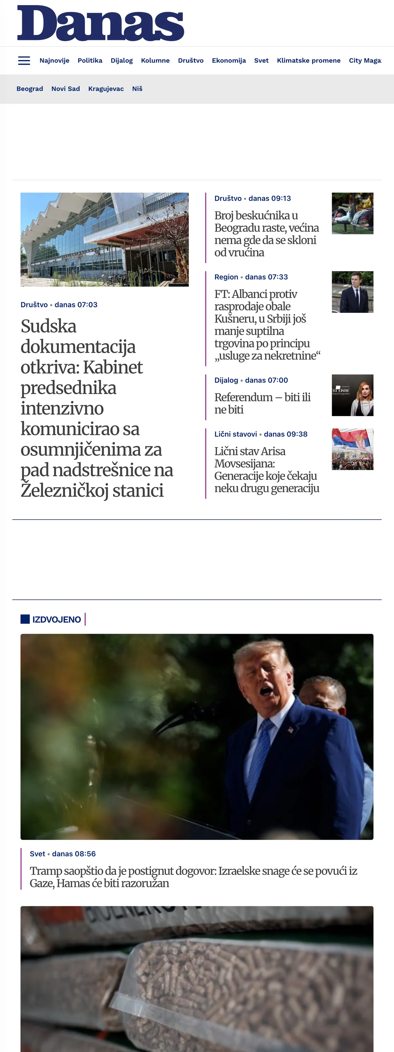 Screenshot of the Danas front page