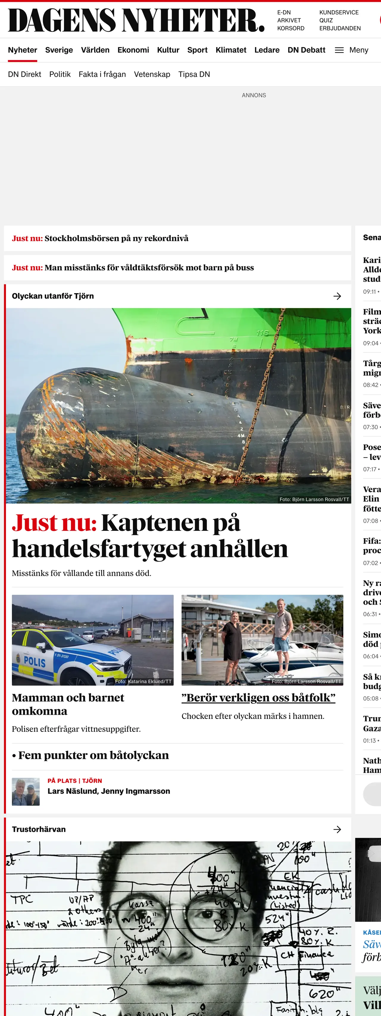 Screenshot of the Dagens Nyheter front page