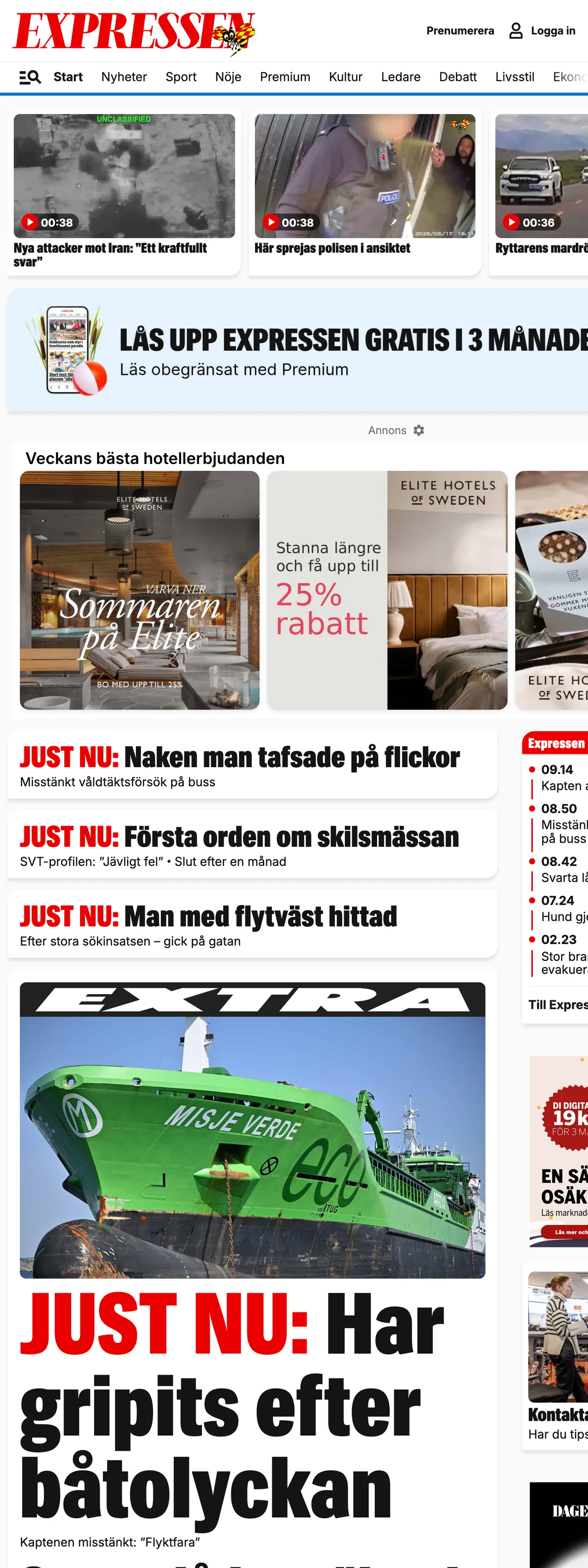 Screenshot of the Expressen front page