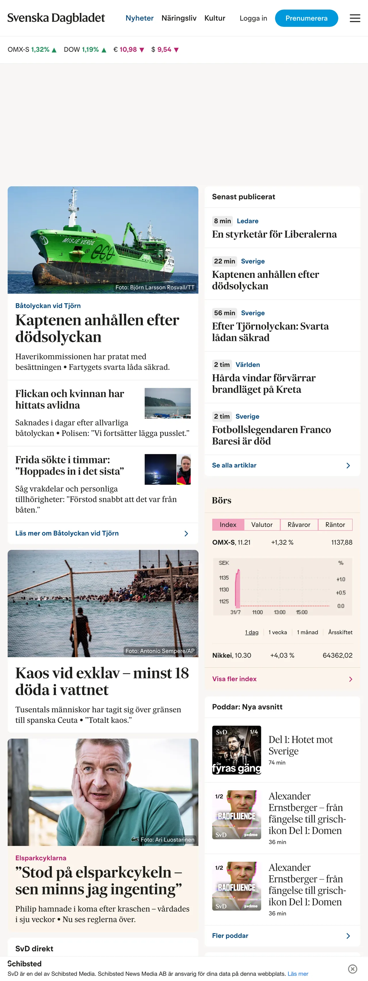 Screenshot of the Svenska Dagbladet front page