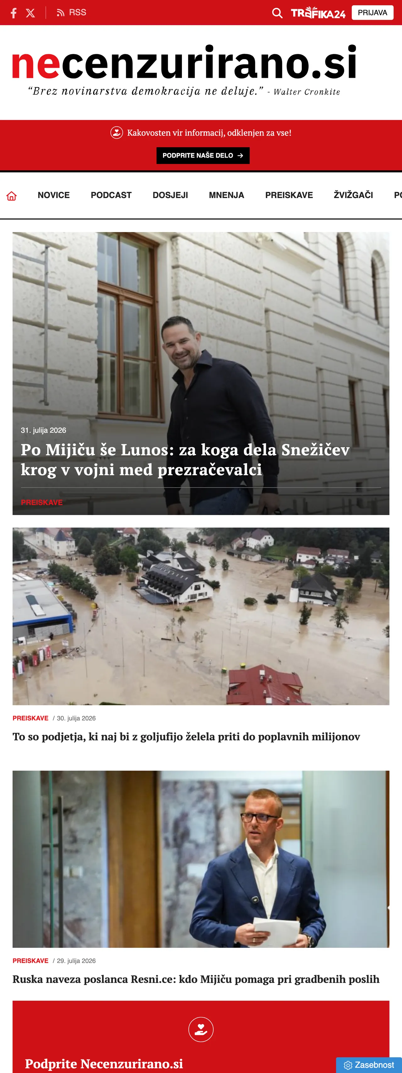 Screenshot of the Necenzurirano front page
