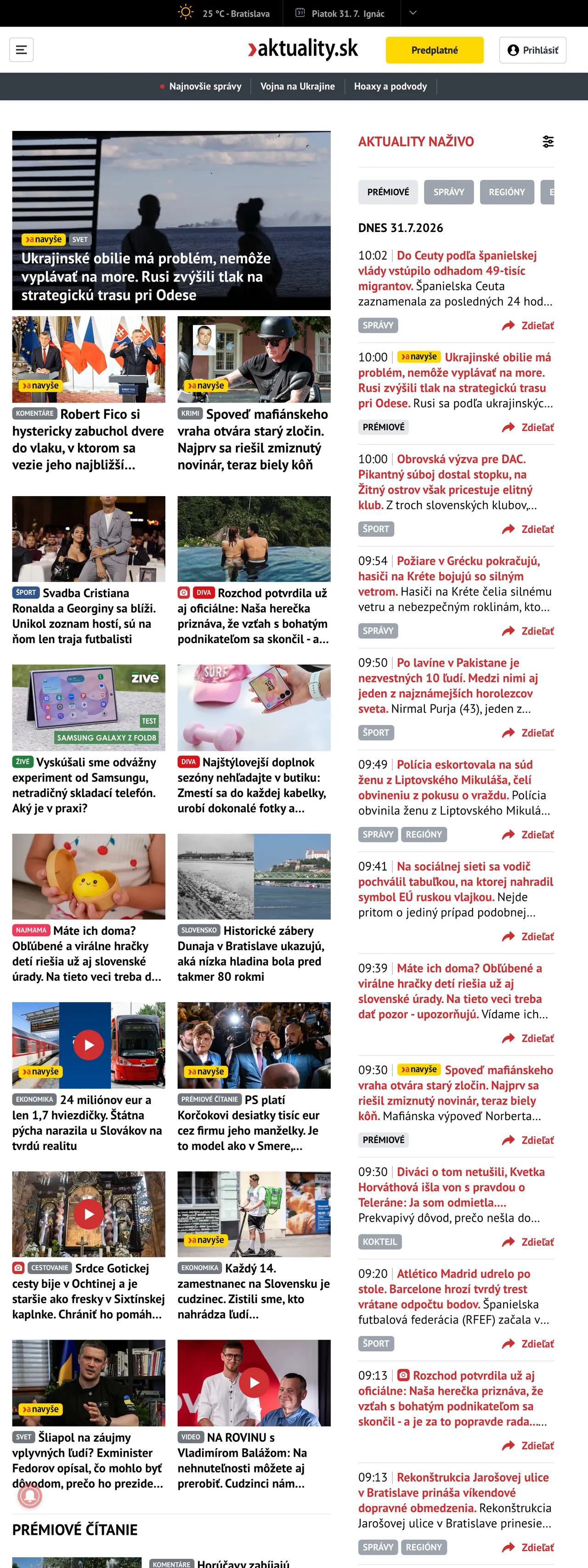 Screenshot of the Aktuality.sk front page