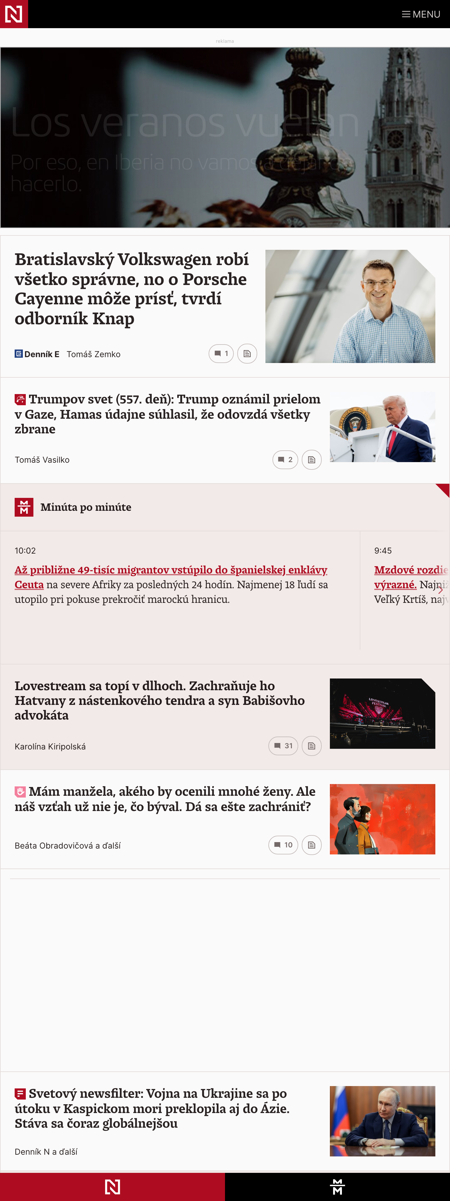 Screenshot of the Denník N front page