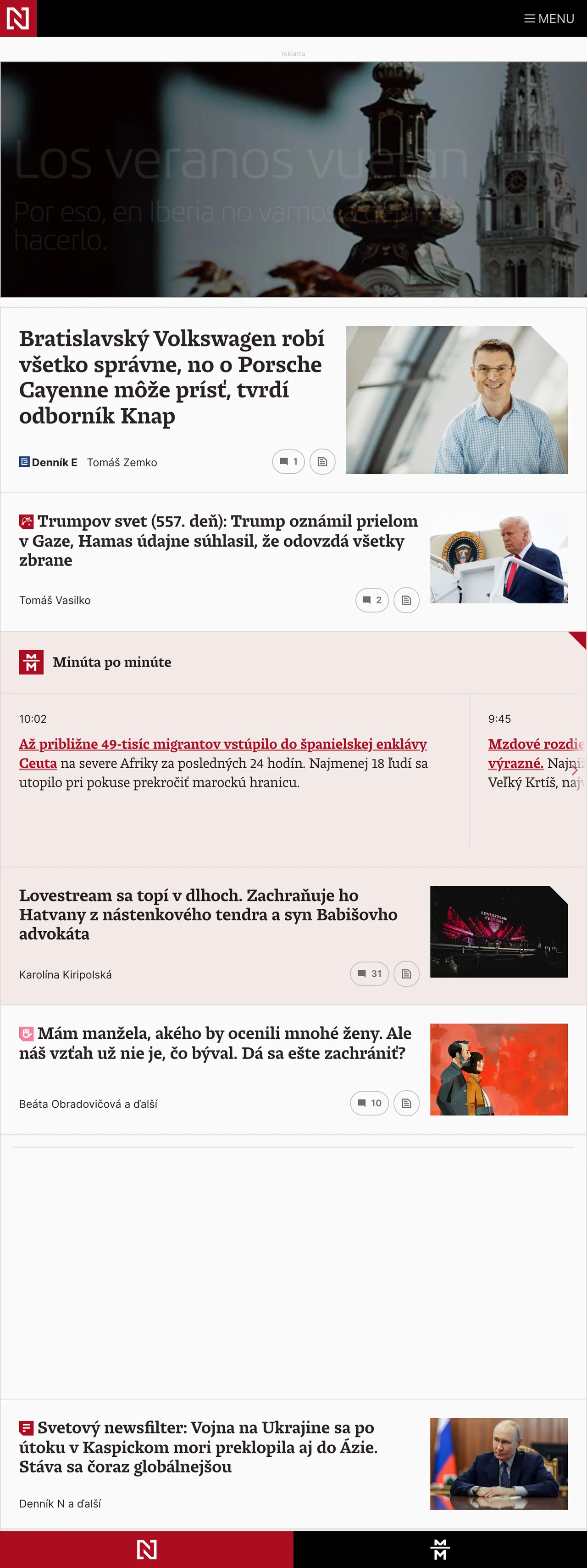 Screenshot of the Denník N front page