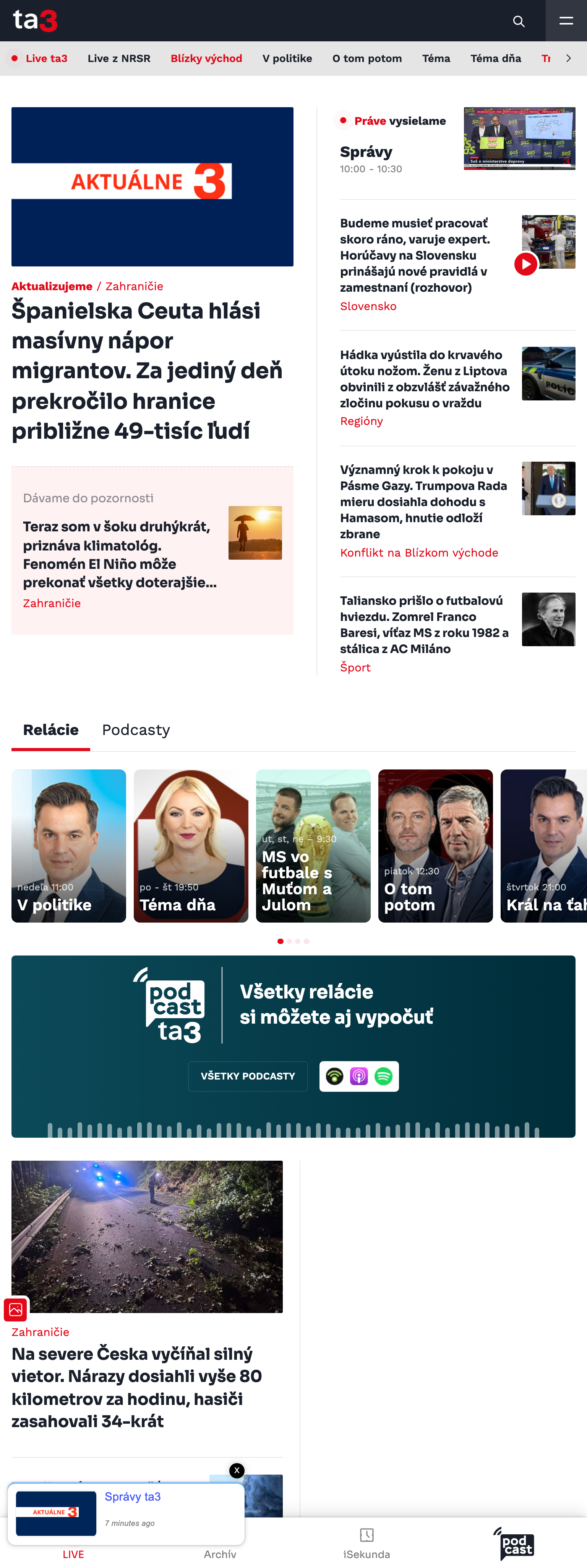 Screenshot of the TA3 front page