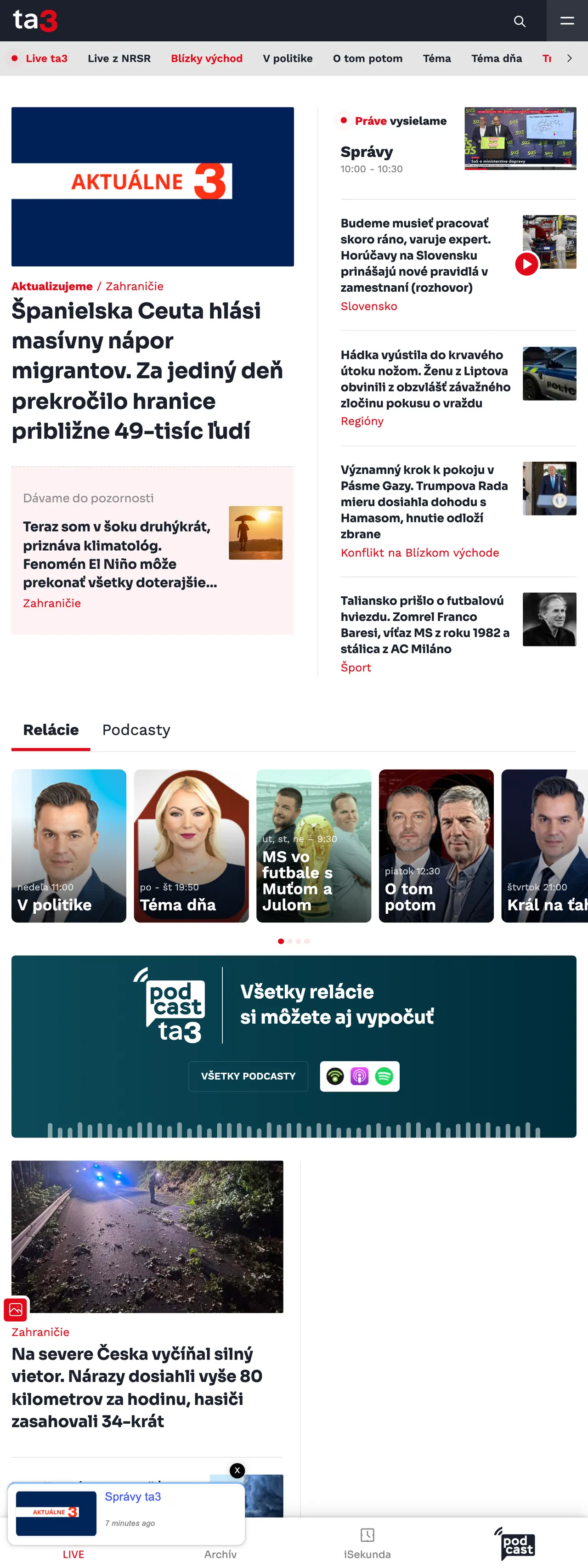 Screenshot of the TA3 front page