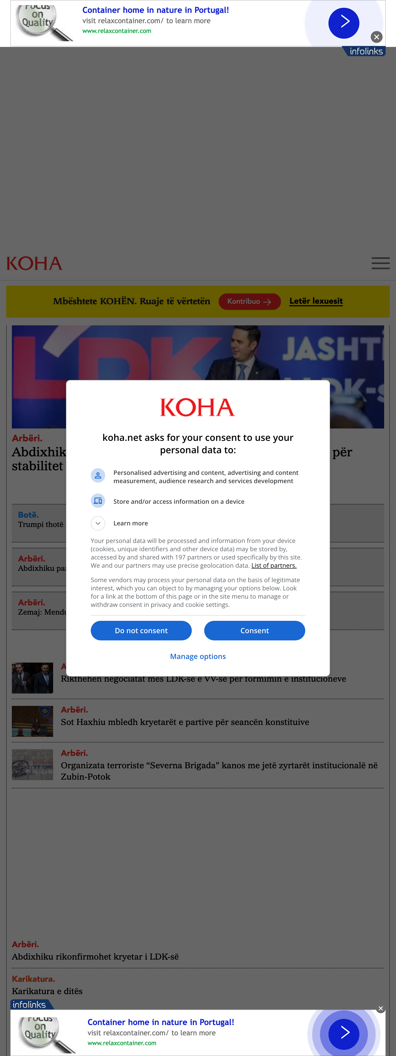 Screenshot of the Koha Ditore front page